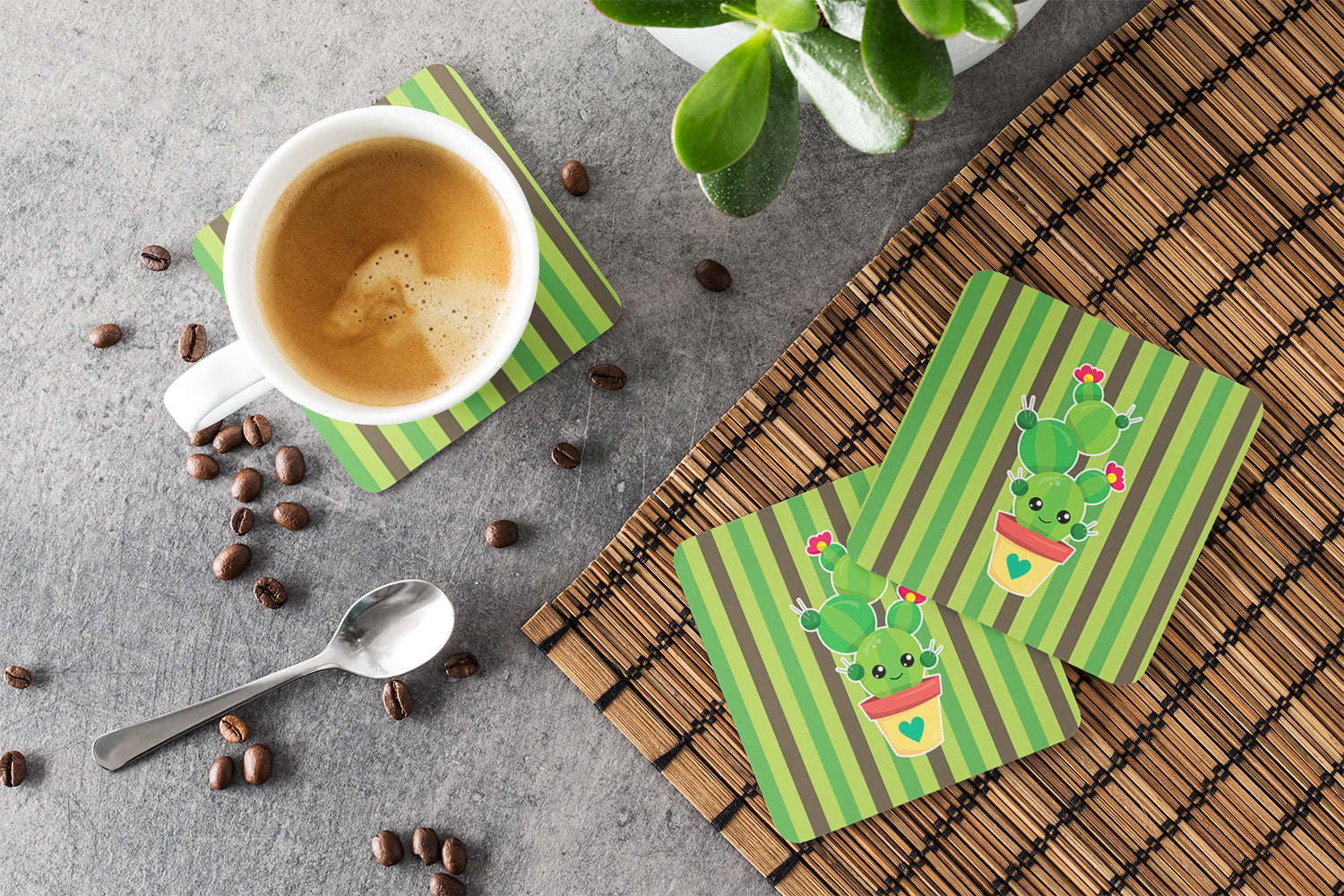 Cactus Stripe Foam Coasters Set of 4 Cup Coasters for Indoor Outdoor, Tabletop Protection, Anti Slip, Mouse pad Material