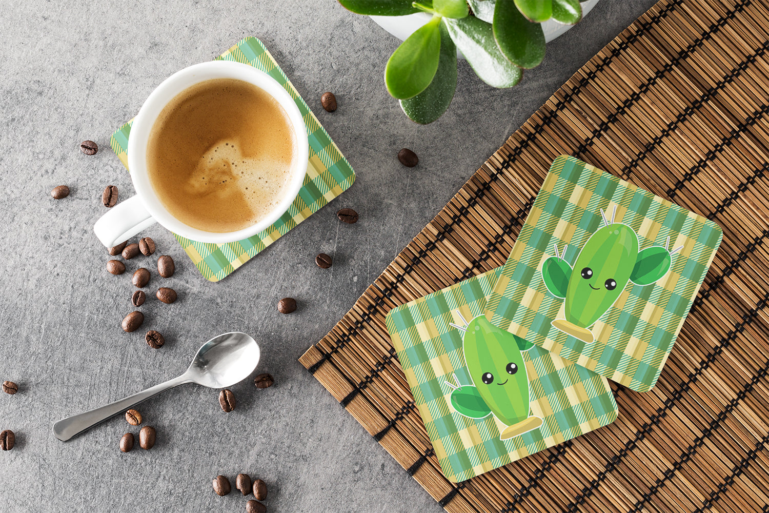 Cactus Plaid Foam Coasters Set of 4 Cup Coasters for Indoor Outdoor, Tabletop Protection, Anti Slip, Mouse pad Material