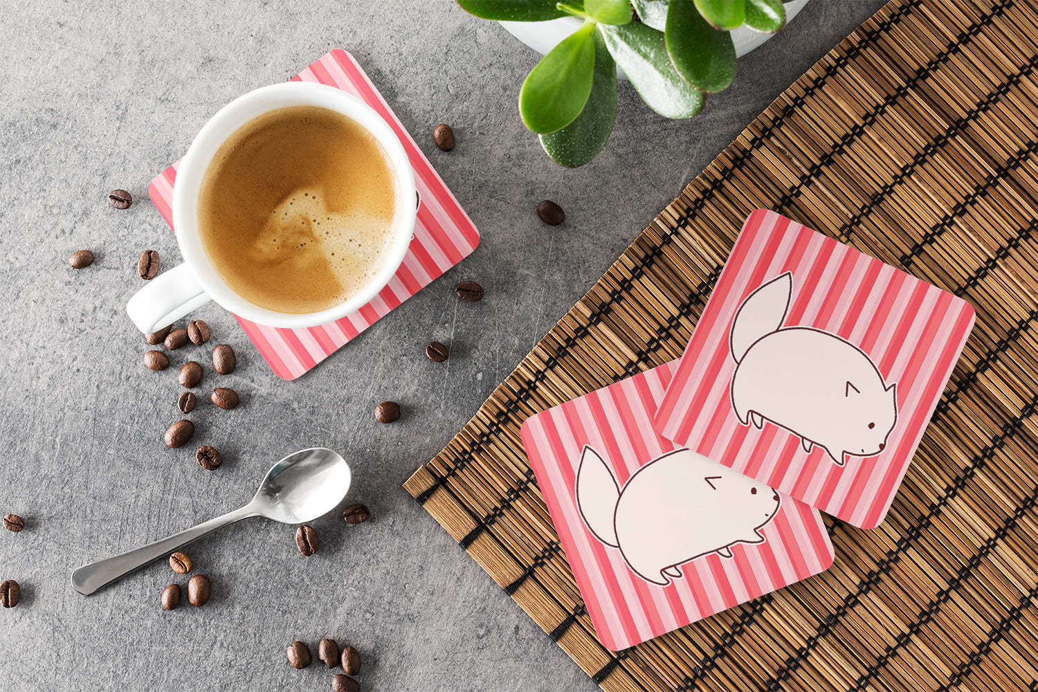 Cat Pink Stripes Foam Coasters Set of 4 Cup Coasters for Indoor Outdoor, Tabletop Protection, Anti Slip, Mouse pad Material