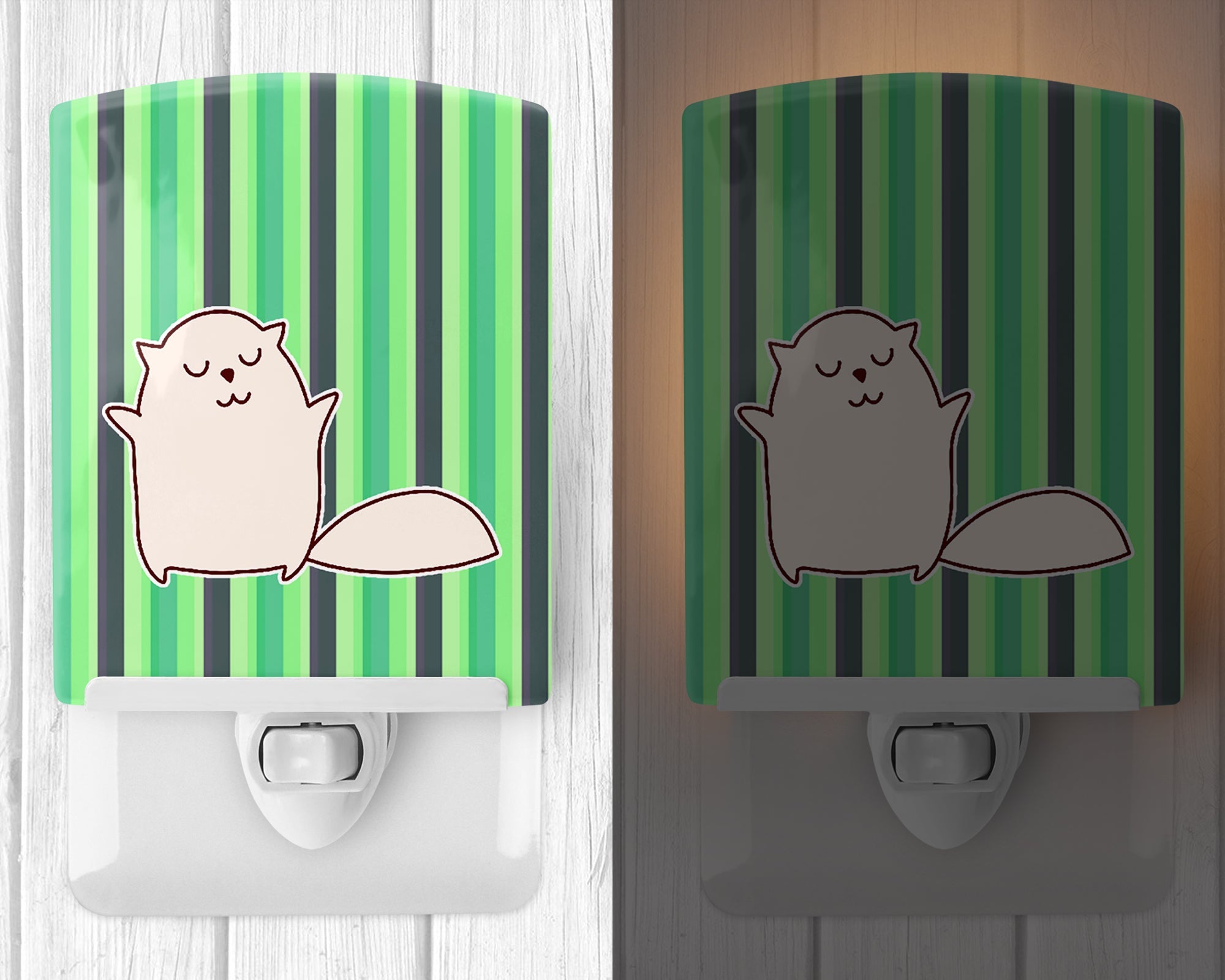 Cat Green Stripes Ceramic Night Light Compact, UL-Certified, Ideal for Bedroom, Bathroom, Nursery, Hallway, Kitchen, 6x4x3, Multicolor