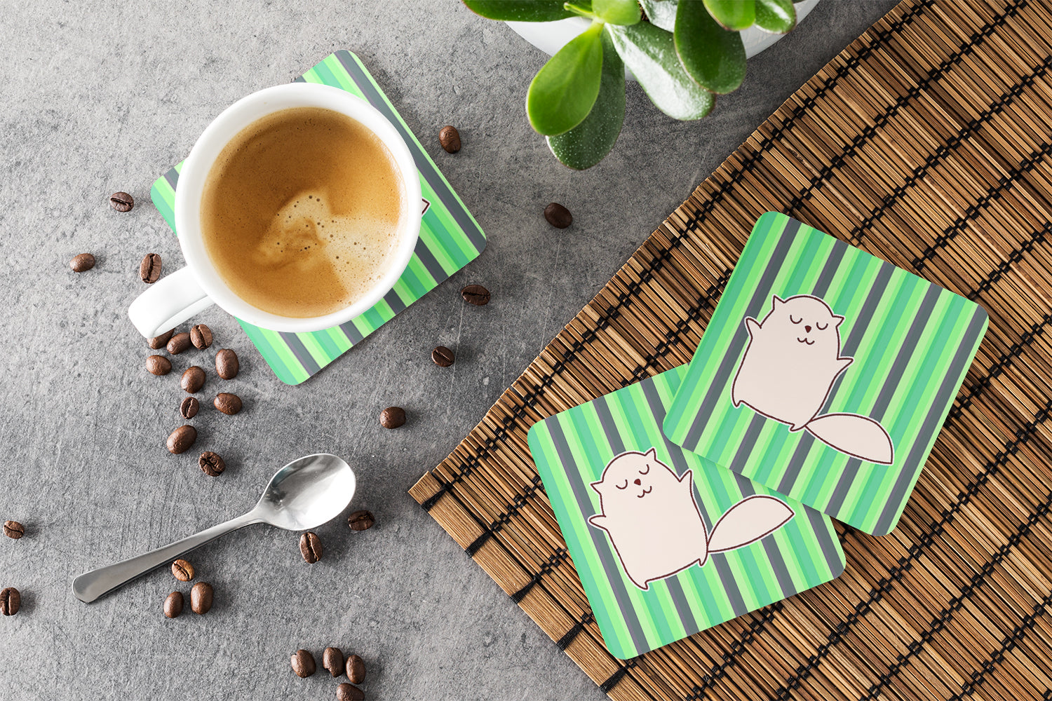 Cat Green Stripes Foam Coasters Set of 4 Cup Coasters for Indoor Outdoor, Tabletop Protection, Anti Slip, Mouse pad Material
