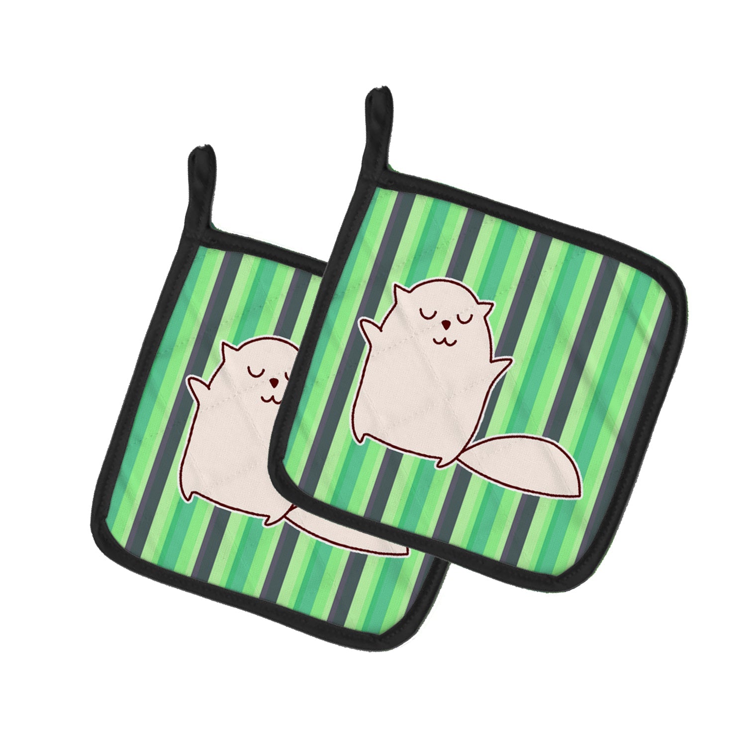 Cat Green Stripes Pot Holder Set of 2 Heat Resistant Quilted Hot Pads 7.5 x 7.5 Inch, Insulated Kitchen Trivets for Cooking & Baking