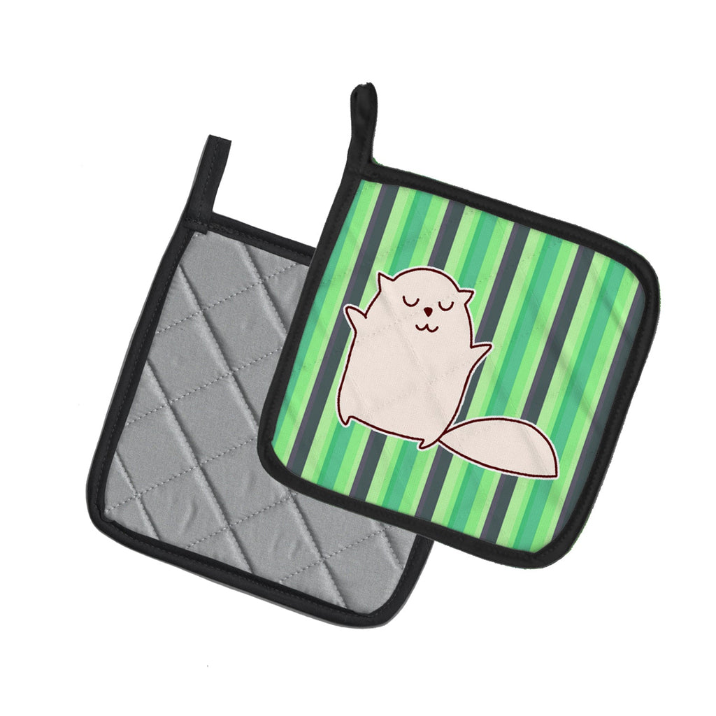 Cat Green Stripes Pot Holder Set of 2 Heat Resistant Quilted Hot Pads 7.5 x 7.5 Inch, Insulated Kitchen Trivets for Cooking & Baking