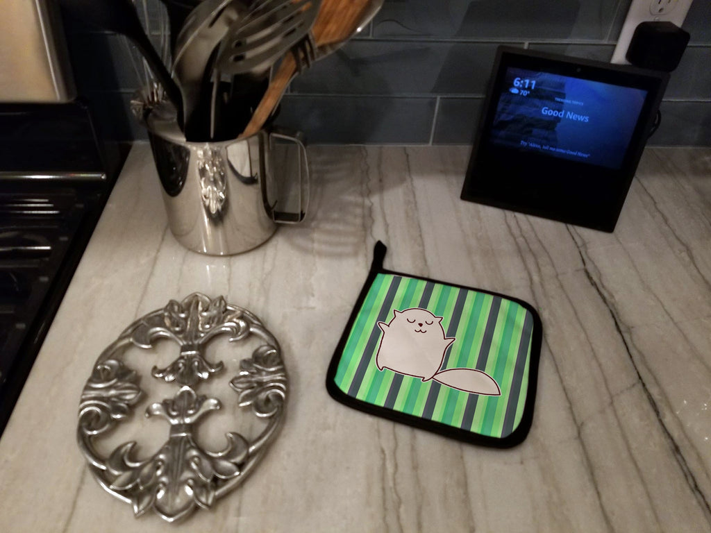 Cat Green Stripes Pot Holder Set of 2 Heat Resistant Quilted Hot Pads 7.5 x 7.5 Inch, Insulated Kitchen Trivets for Cooking & Baking