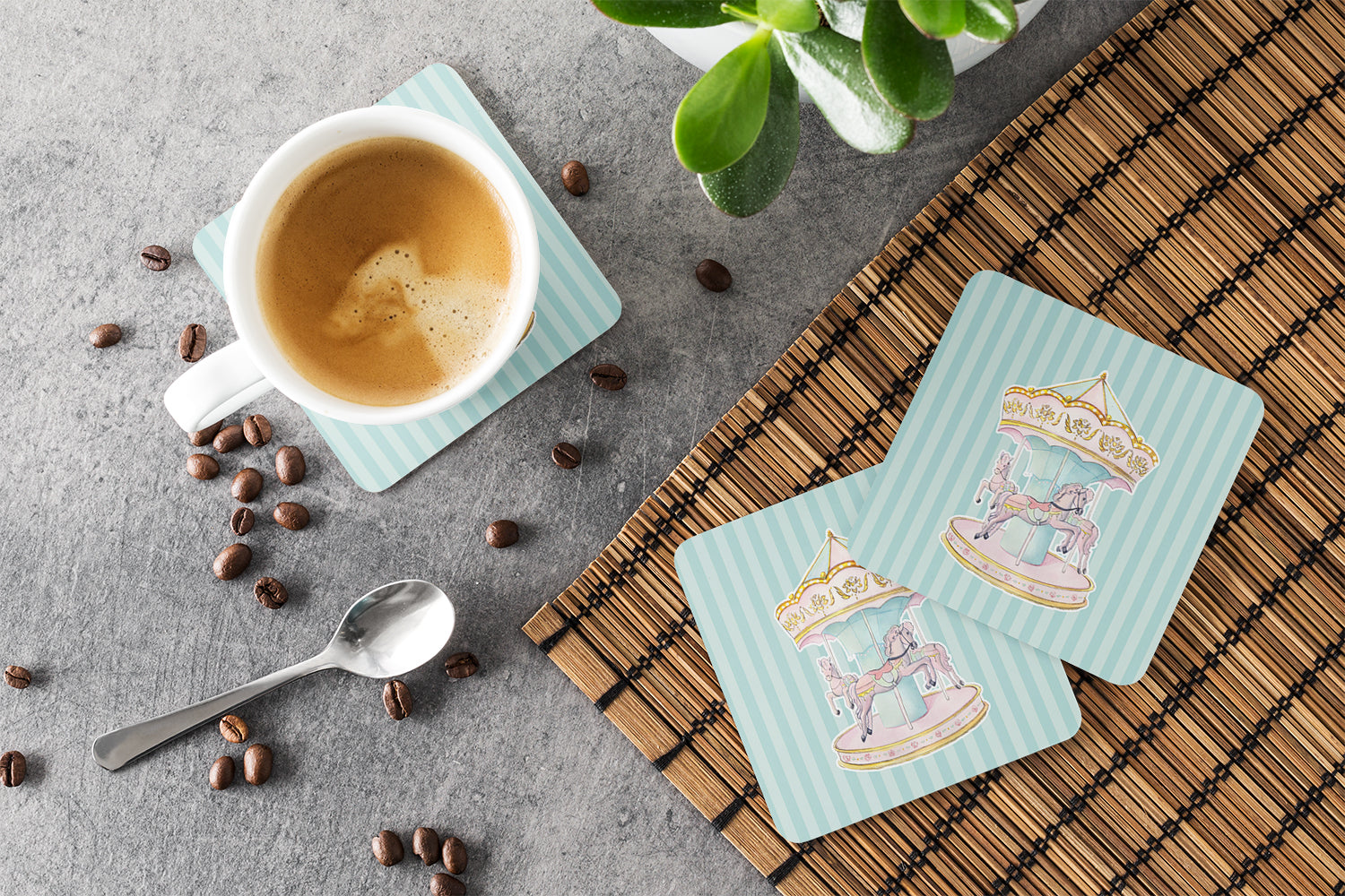 Carousel Foam Coasters Set of 4 Cup Coasters for Indoor Outdoor, Tabletop Protection, Anti Slip, Mouse pad Material