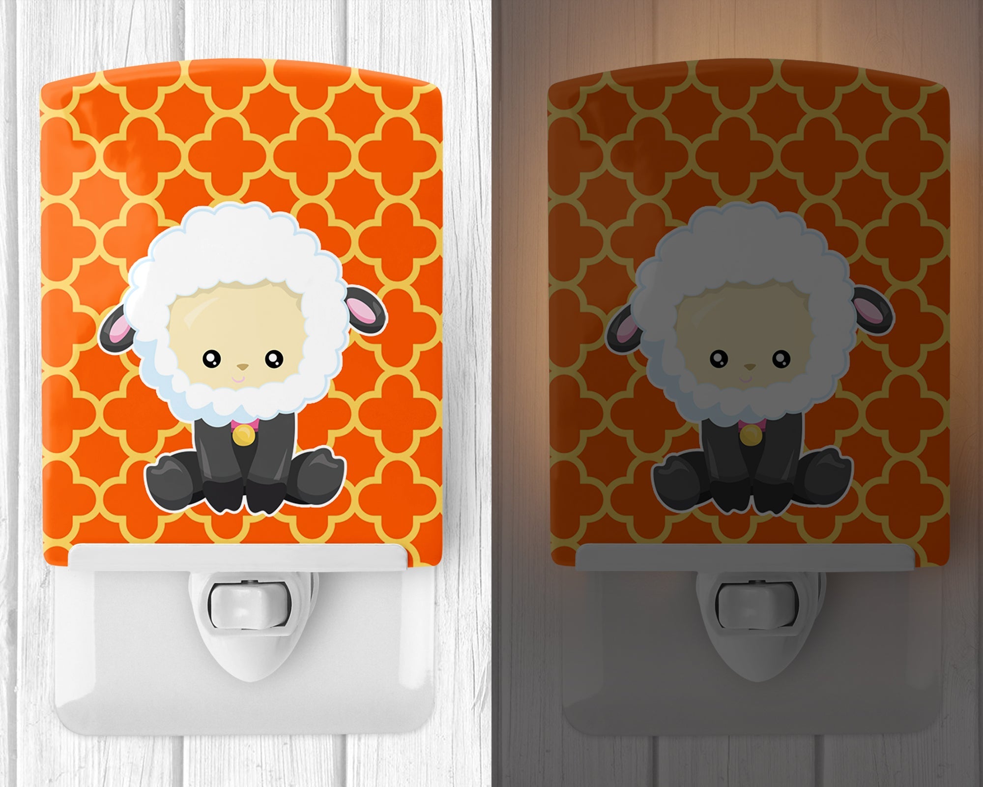 Sheep on Orange Quatrafoil Ceramic Night Light Compact, UL-Certified, Ideal for Bedroom, Bathroom, Nursery, Hallway, Kitchen, 6x4x3, Multicolor