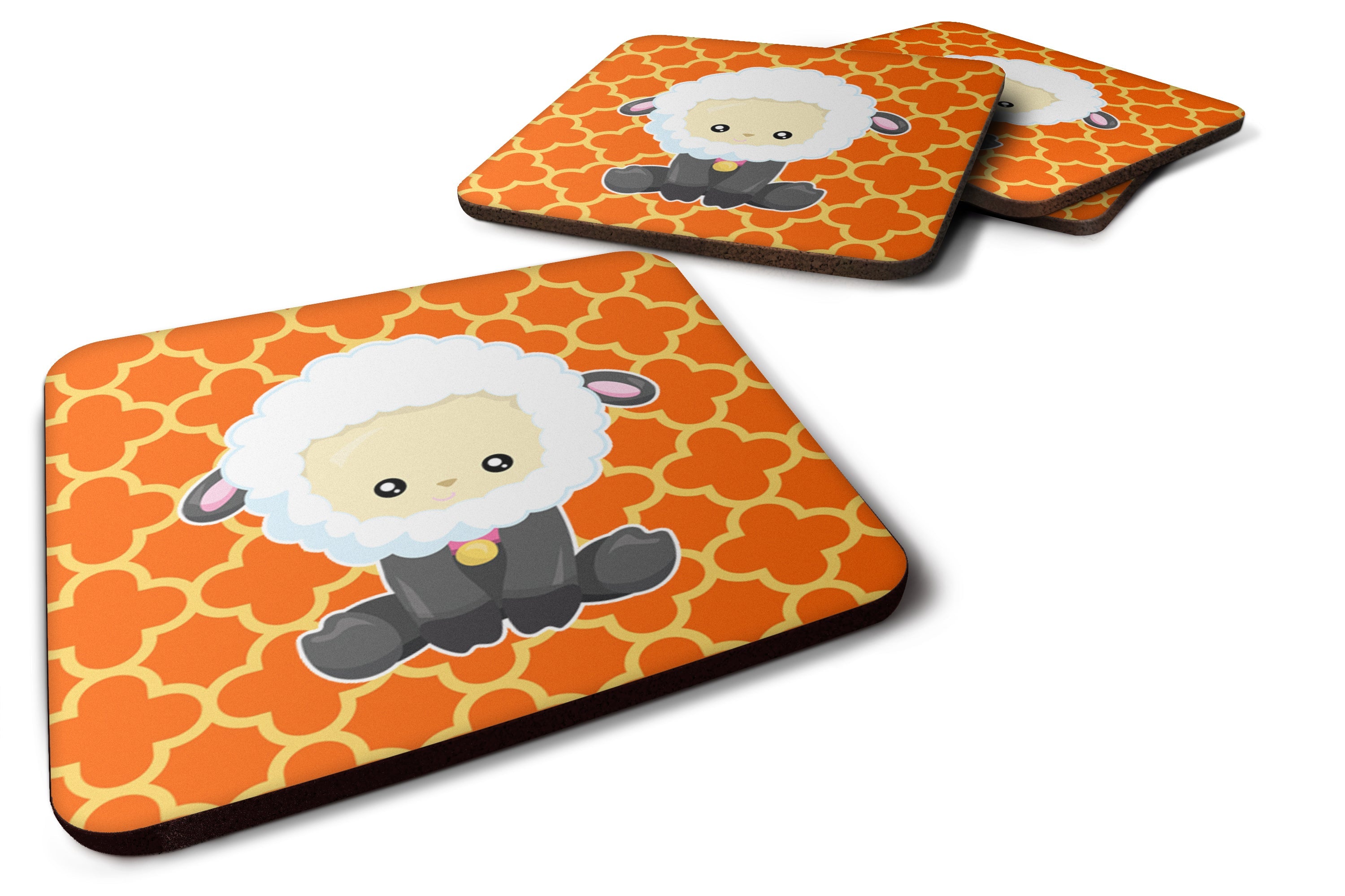 Sheep on Orange Quatrafoil Foam Coasters Set of 4 Cup Coasters for Indoor Outdoor, Tabletop Protection, Anti Slip, Mouse pad Material