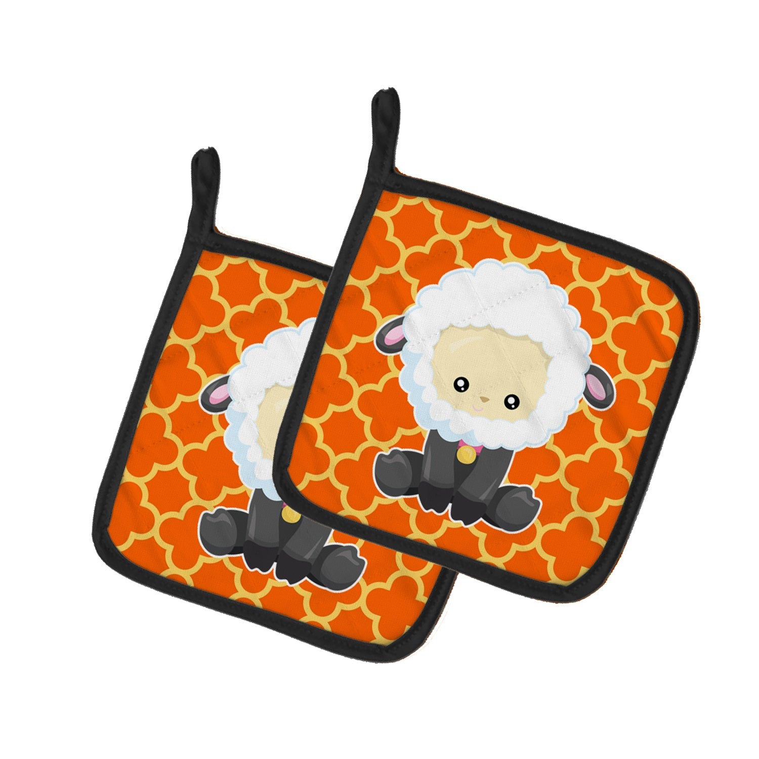 Sheep on Orange Quatrafoil Pot Holder Set of 2 Heat Resistant Quilted Hot Pads 7.5 x 7.5 Inch, Insulated Kitchen Trivets for Cooking & Baking