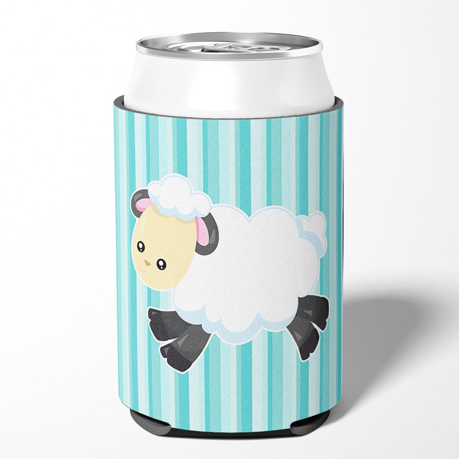 Sheep on Blue Stripes Can or Bottle Hugger Cooler Sleeve for Standard 12 oz Cans, Insulated Foam Beer & Soda Can Hugger Reusable