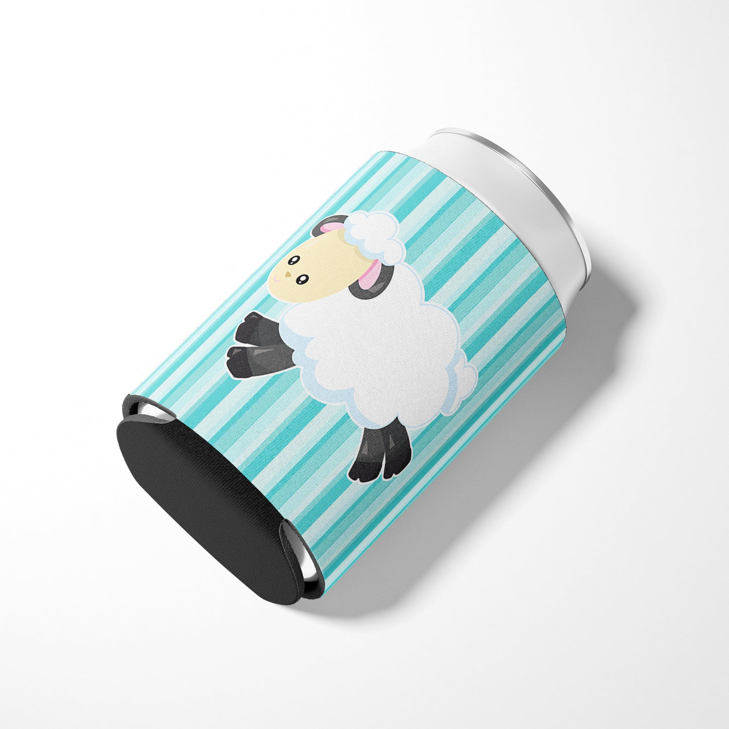 Sheep on Blue Stripes Can or Bottle Hugger Cooler Sleeve for Standard 12 oz Cans, Insulated Foam Beer & Soda Can Hugger Reusable