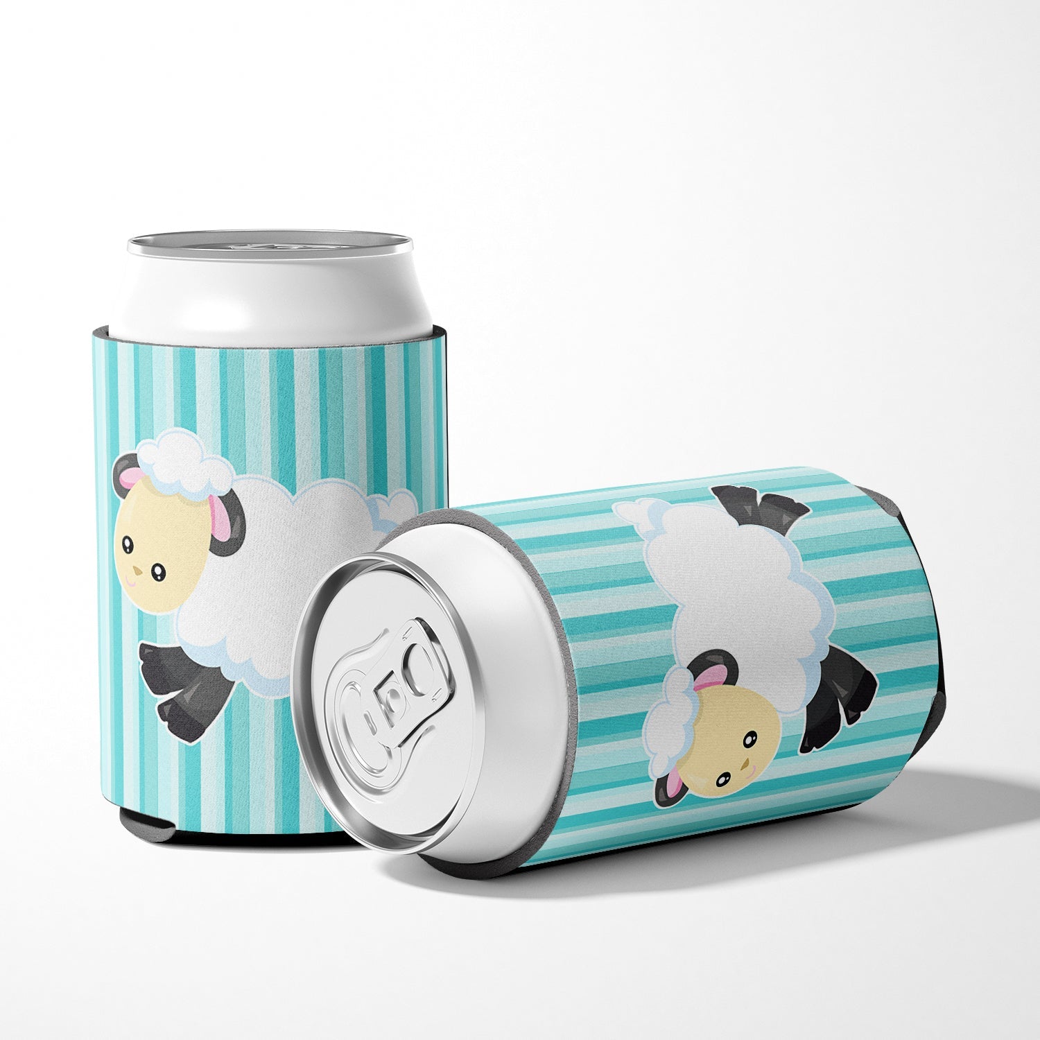 Sheep on Blue Stripes Can or Bottle Hugger Cooler Sleeve for Standard 12 oz Cans, Insulated Foam Beer & Soda Can Hugger Reusable