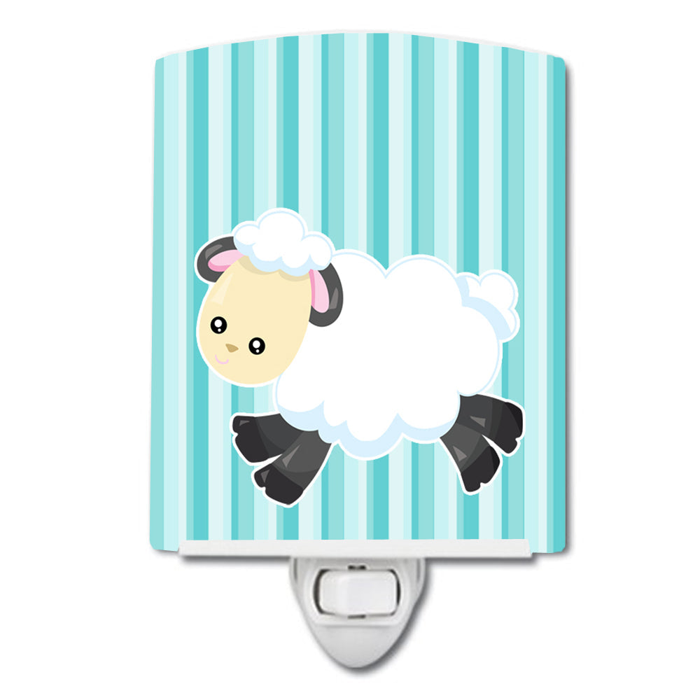 Sheep on Blue Stripes Ceramic Night Light Compact, UL-Certified, Ideal for Bedroom, Bathroom, Nursery, Hallway, Kitchen, 6x4x3, Multicolor