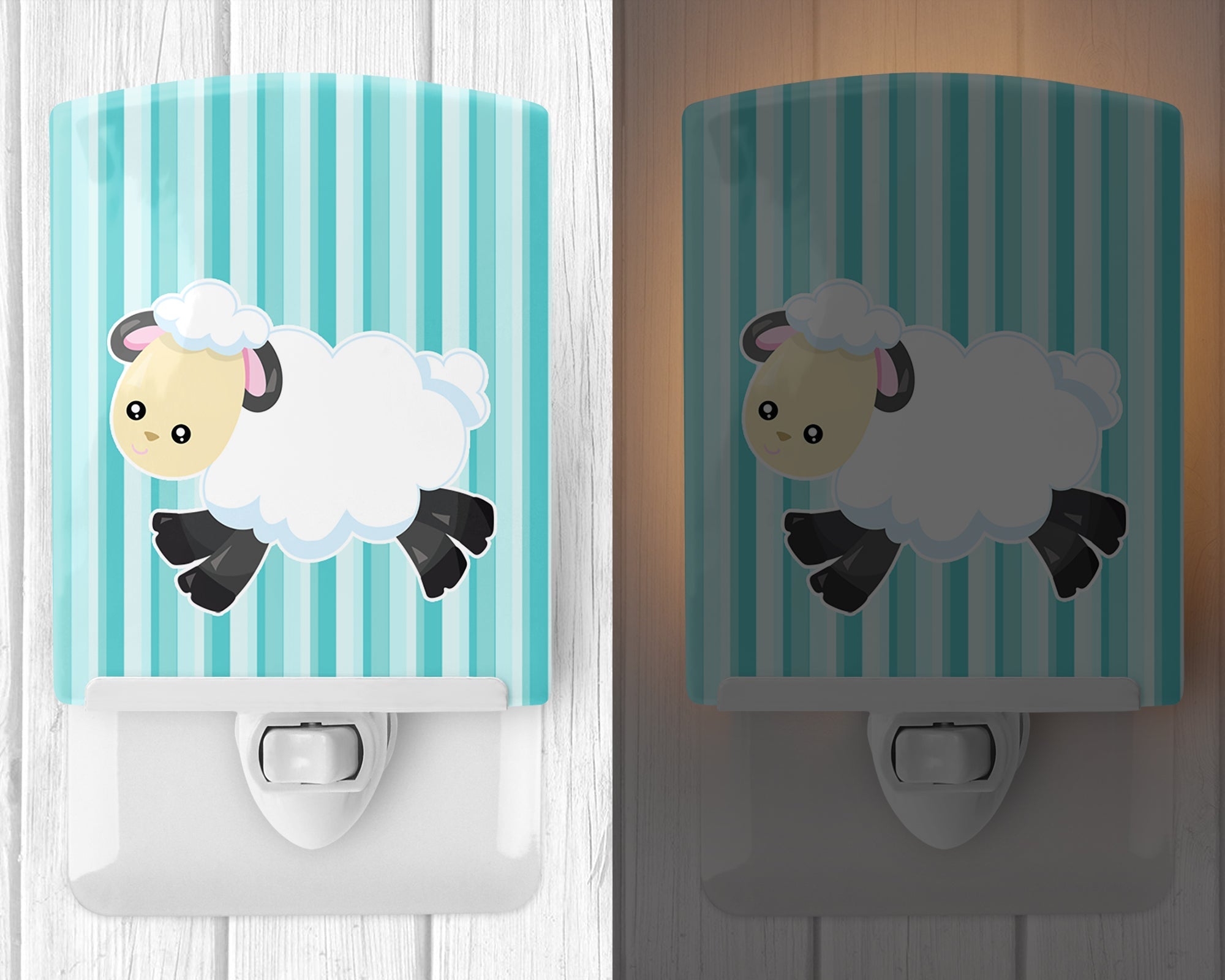 Sheep on Blue Stripes Ceramic Night Light Compact, UL-Certified, Ideal for Bedroom, Bathroom, Nursery, Hallway, Kitchen, 6x4x3, Multicolor