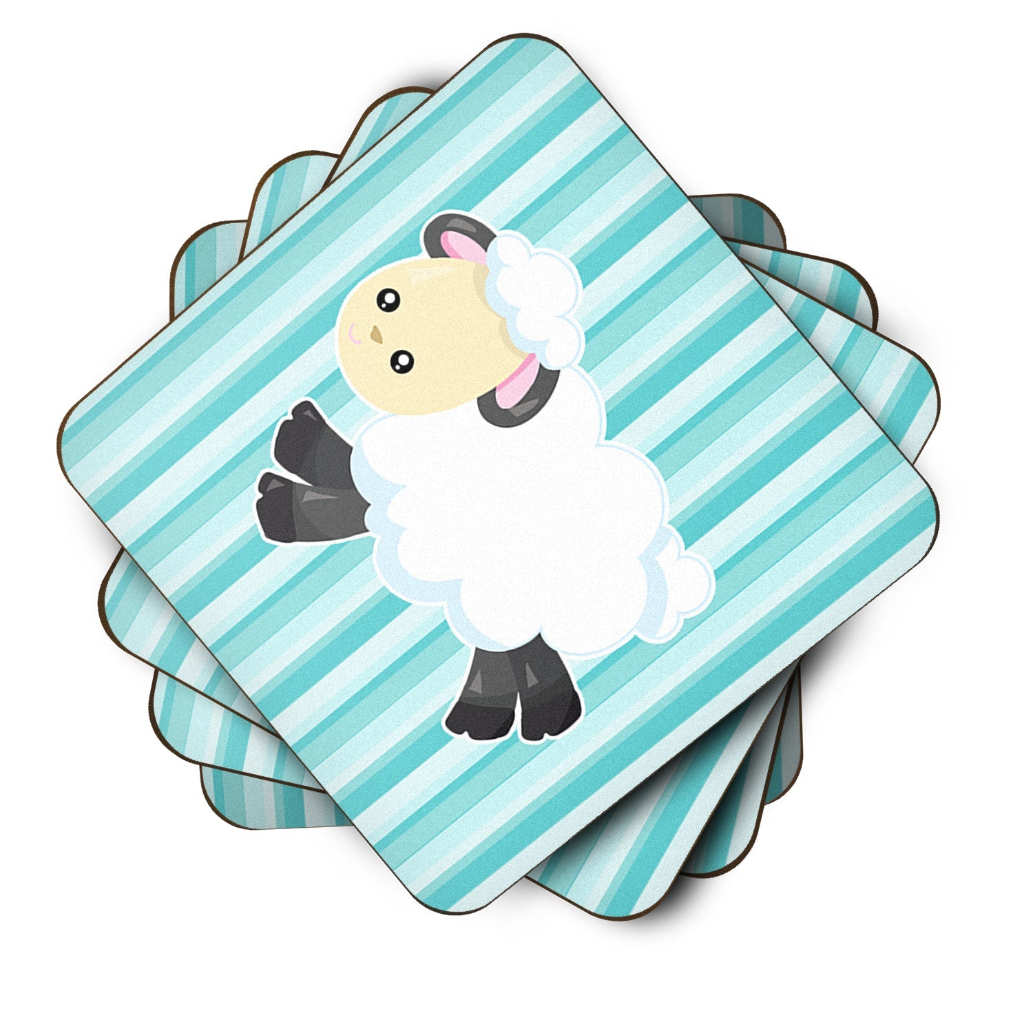 Sheep on Blue Stripes Foam Coasters Set of 4 Cup Coasters for Indoor Outdoor, Tabletop Protection, Anti Slip, Mouse pad Material
