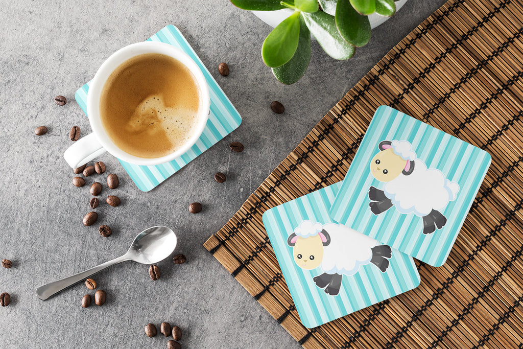 Sheep on Blue Stripes Foam Coasters Set of 4 Cup Coasters for Indoor Outdoor, Tabletop Protection, Anti Slip, Mouse pad Material