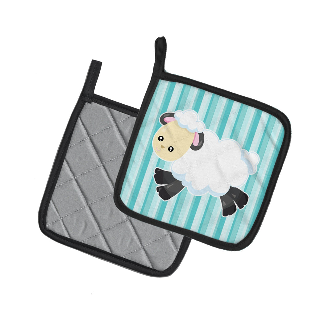 Sheep on Blue Stripes Pot Holder Set of 2 Heat Resistant Quilted Hot Pads 7.5 x 7.5 Inch, Insulated Kitchen Trivets for Cooking & Baking
