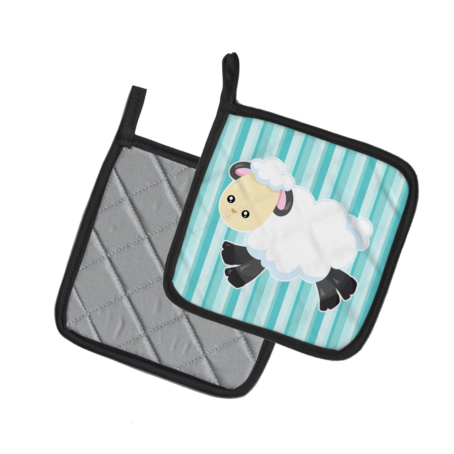 Sheep on Blue Stripes Pot Holder Set of 2 Heat Resistant Quilted Hot Pads 7.5 x 7.5 Inch, Insulated Kitchen Trivets for Cooking & Baking