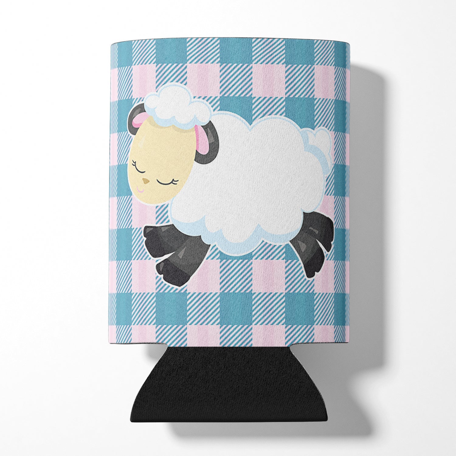 Sheep on Blue Gingham Can or Bottle Hugger Cooler Sleeve for Standard 12 oz Cans, Insulated Foam Beer & Soda Can Hugger Reusable