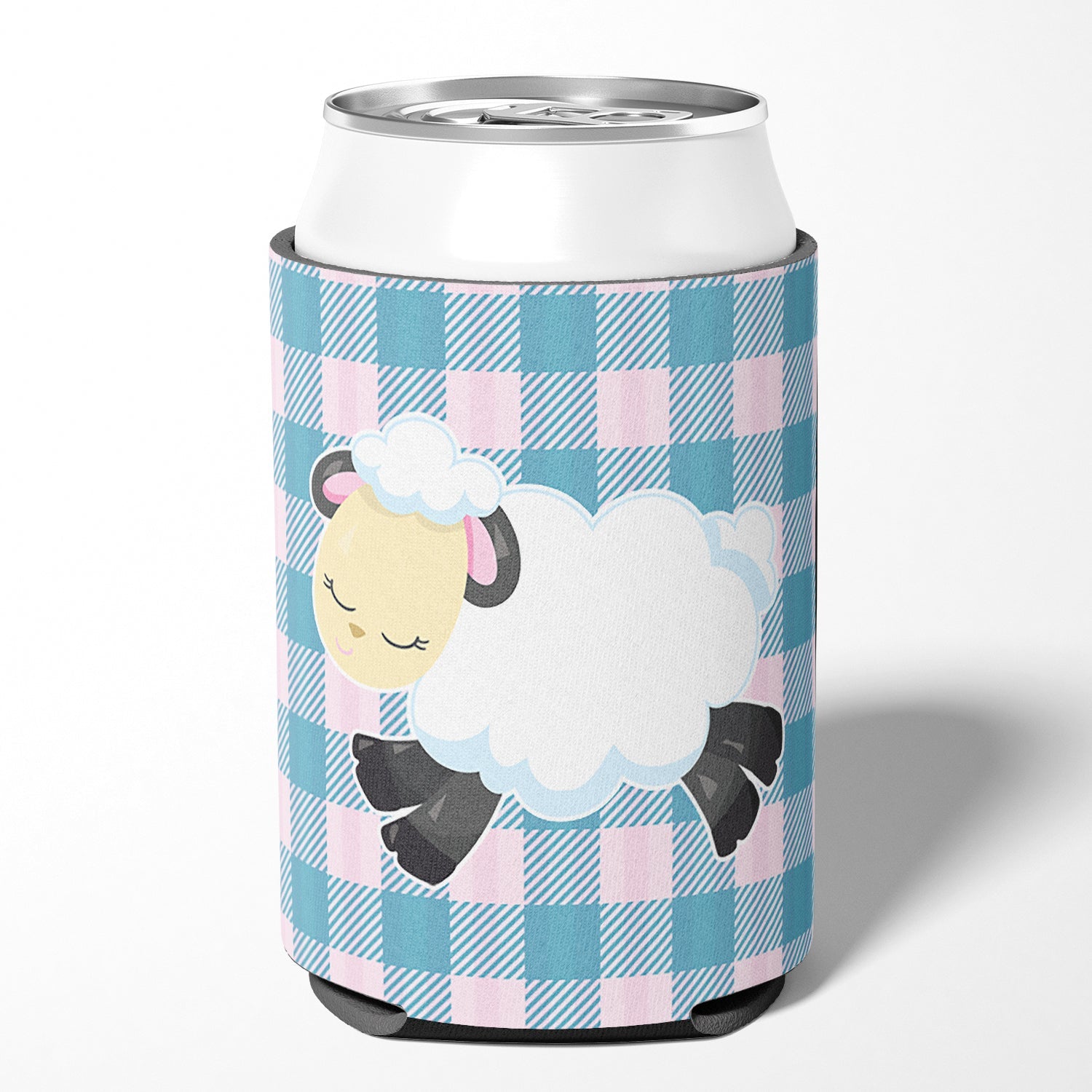 Sheep on Blue Gingham Can or Bottle Hugger Cooler Sleeve for Standard 12 oz Cans, Insulated Foam Beer & Soda Can Hugger Reusable
