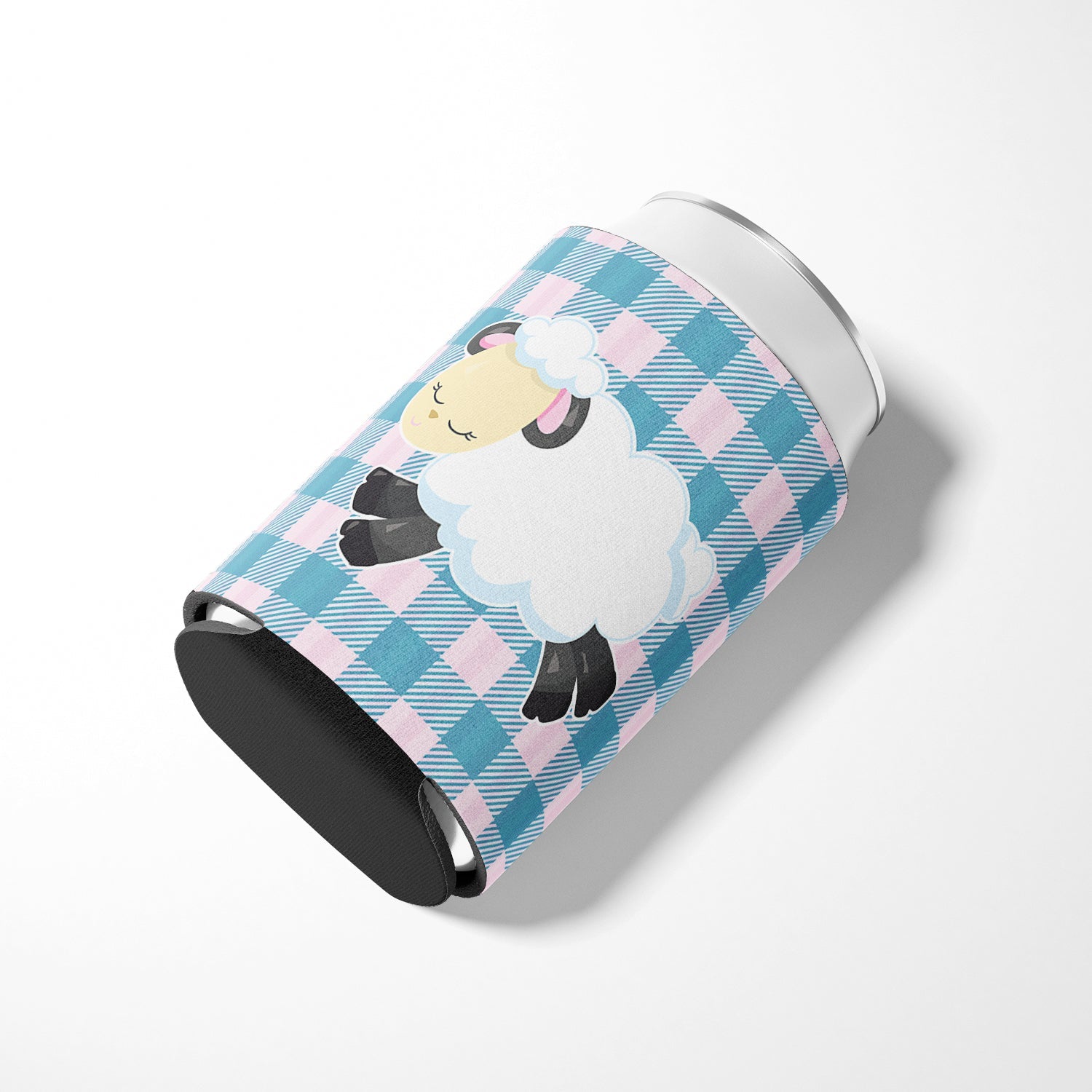 Sheep on Blue Gingham Can or Bottle Hugger Cooler Sleeve for Standard 12 oz Cans, Insulated Foam Beer & Soda Can Hugger Reusable