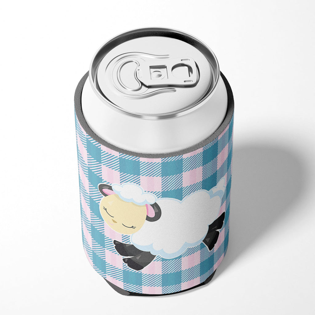 Sheep on Blue Gingham Can or Bottle Hugger Cooler Sleeve for Standard 12 oz Cans, Insulated Foam Beer & Soda Can Hugger Reusable