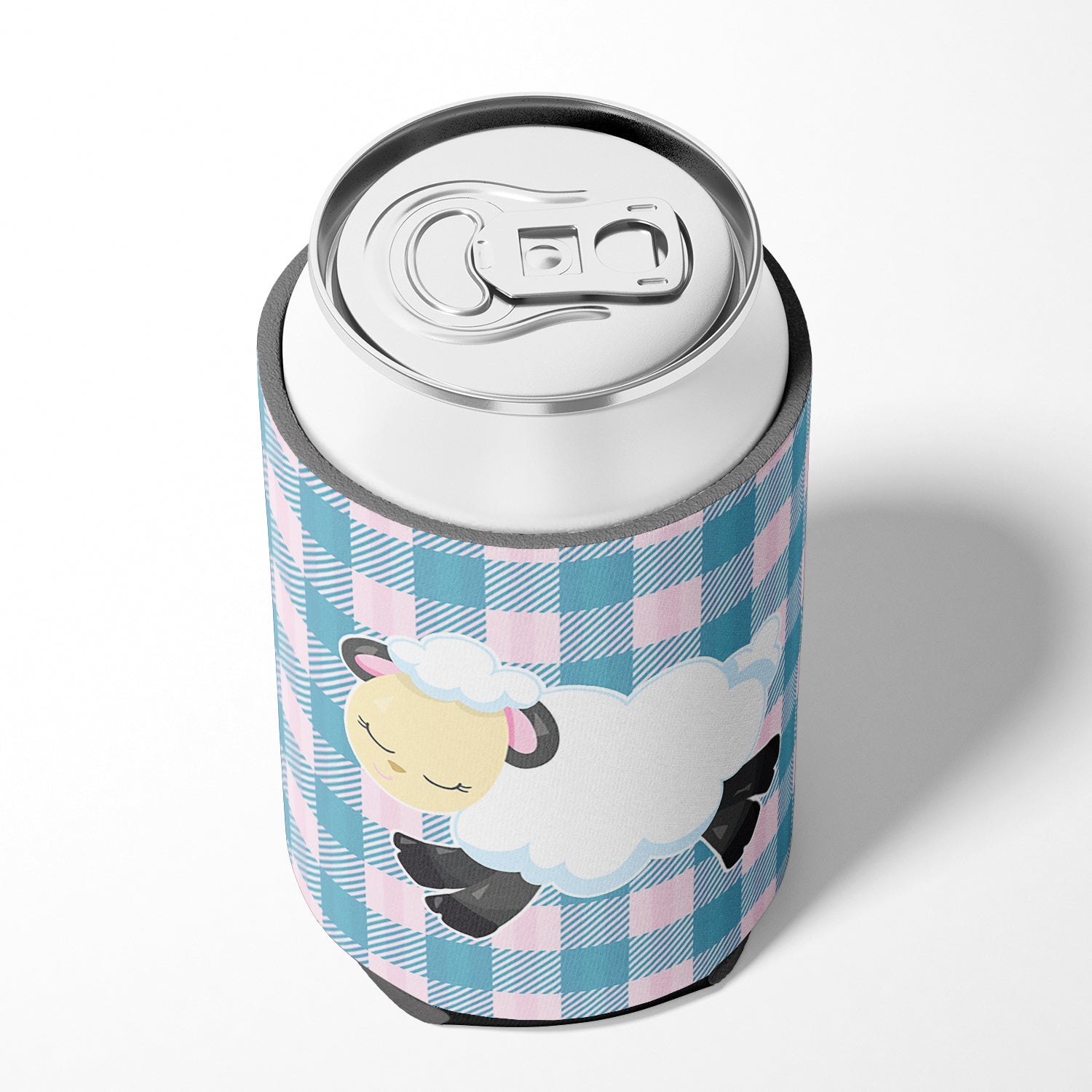 Sheep on Blue Gingham Can or Bottle Hugger Cooler Sleeve for Standard 12 oz Cans, Insulated Foam Beer & Soda Can Hugger Reusable
