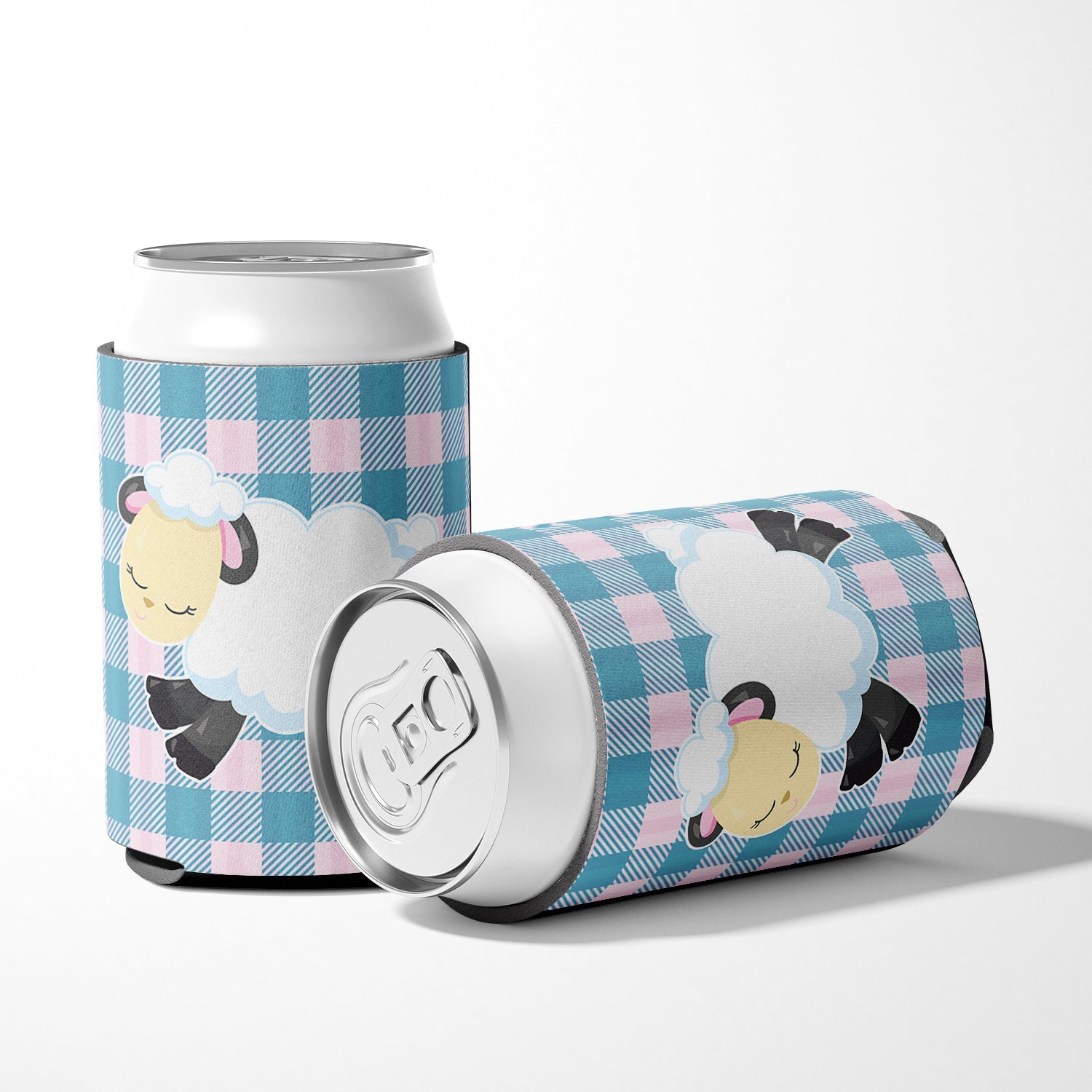 Sheep on Blue Gingham Can or Bottle Hugger Cooler Sleeve for Standard 12 oz Cans, Insulated Foam Beer & Soda Can Hugger Reusable