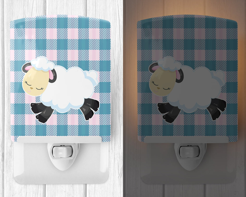 Sheep on Blue Gingham Ceramic Night Light Compact, UL-Certified, Ideal for Bedroom, Bathroom, Nursery, Hallway, Kitchen, 6x4x3, Multicolor