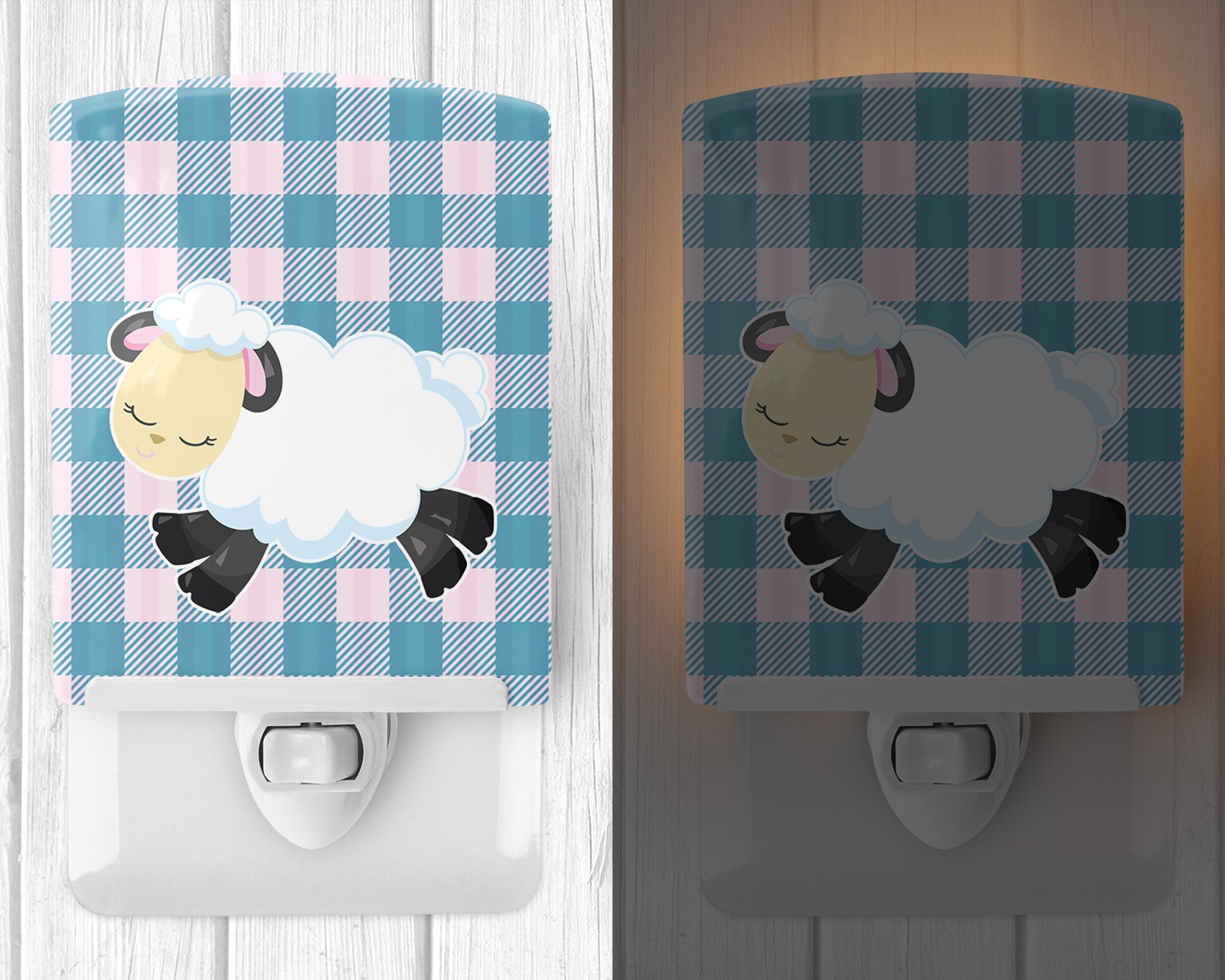Sheep on Blue Gingham Ceramic Night Light Compact, UL-Certified, Ideal for Bedroom, Bathroom, Nursery, Hallway, Kitchen, 6x4x3, Multicolor