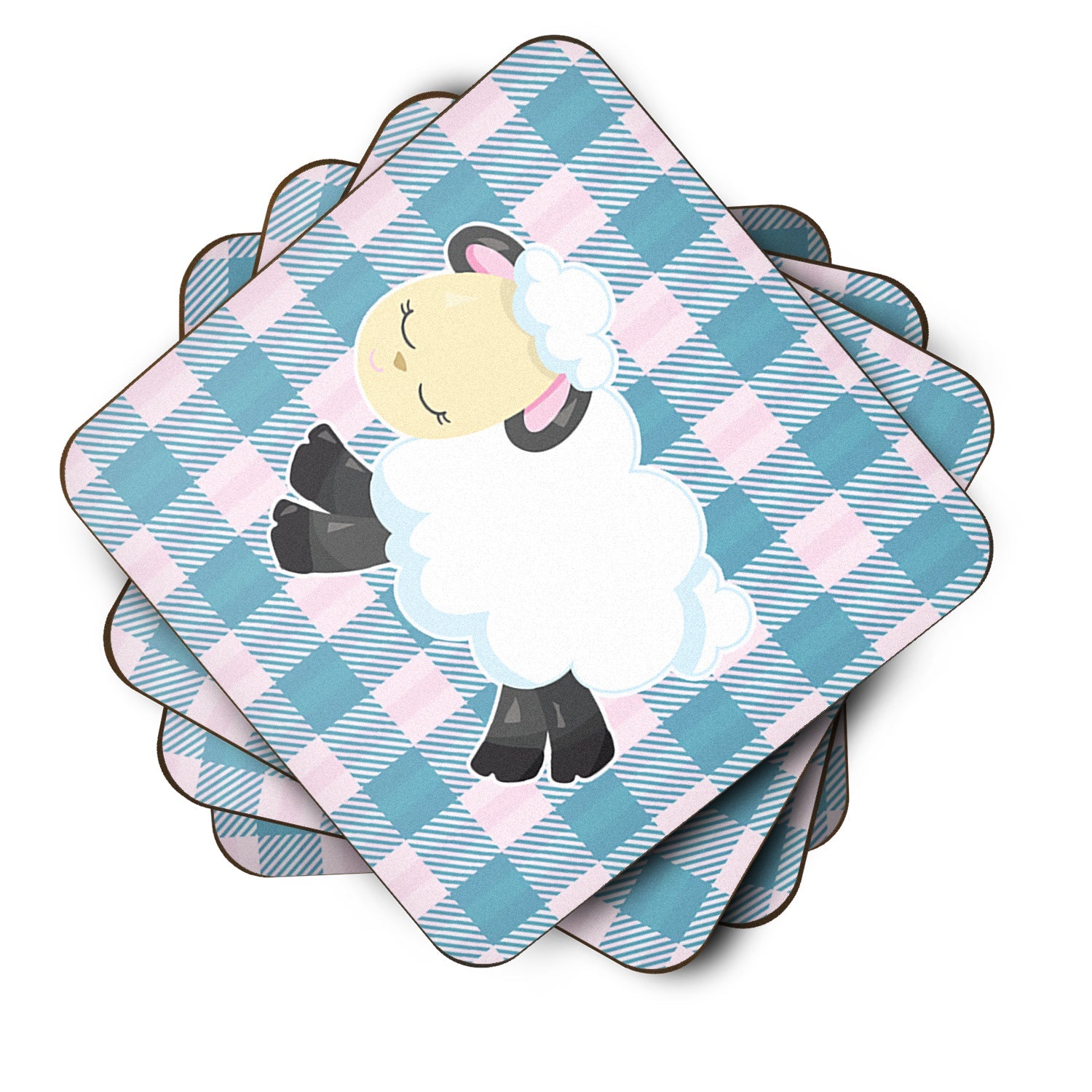 Sheep on Blue Gingham Foam Coasters Set of 4 Cup Coasters for Indoor Outdoor, Tabletop Protection, Anti Slip, Mouse pad Material