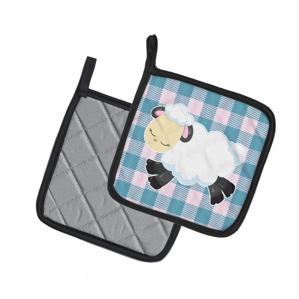 Sheep on Blue Gingham Pot Holder Set of 2 Heat Resistant Quilted Hot Pads 7.5 x 7.5 Inch, Insulated Kitchen Trivets for Cooking & Baking