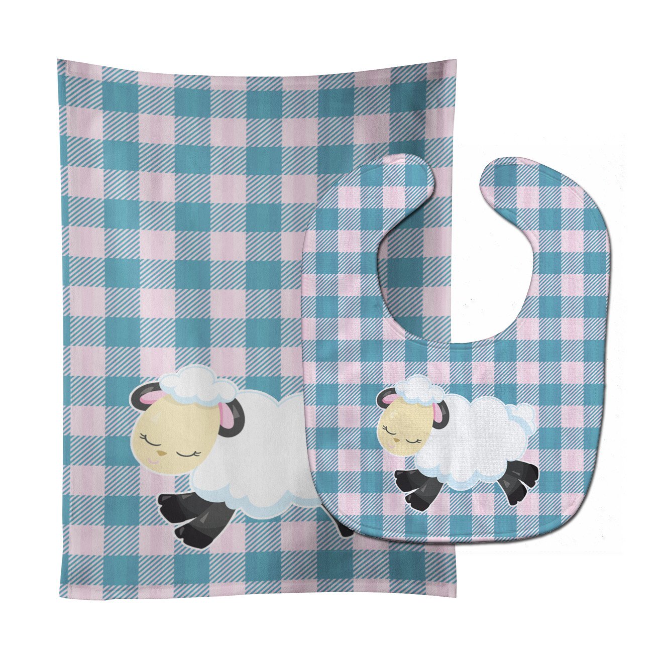 Sheep on Blue Gingham Baby Bib & Burp Cloth Easy-Clean Baby Bib Baby Feeding Accessory Baby Mealtime Essential