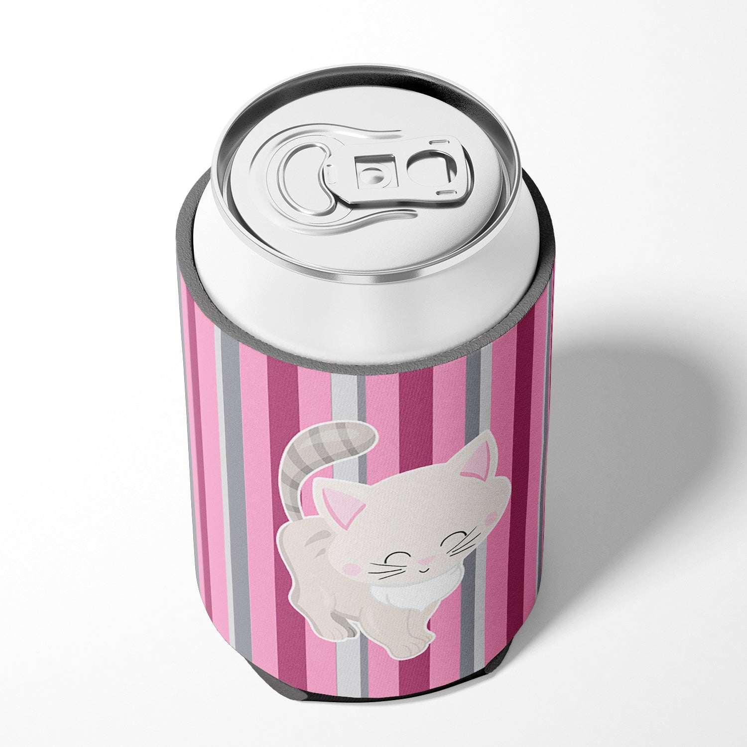 Kitten Cat Pink and Gray Can or Bottle Hugger Cooler Sleeve for Standard 12 oz Cans, Insulated Foam Beer & Soda Can Hugger Reusable