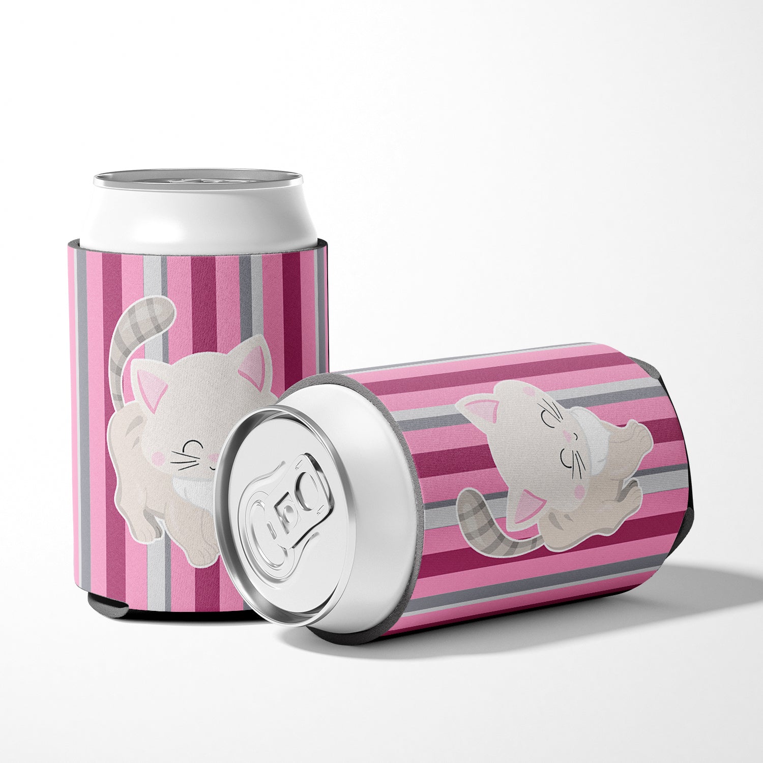 Kitten Cat Pink and Gray Can or Bottle Hugger Cooler Sleeve for Standard 12 oz Cans, Insulated Foam Beer & Soda Can Hugger Reusable