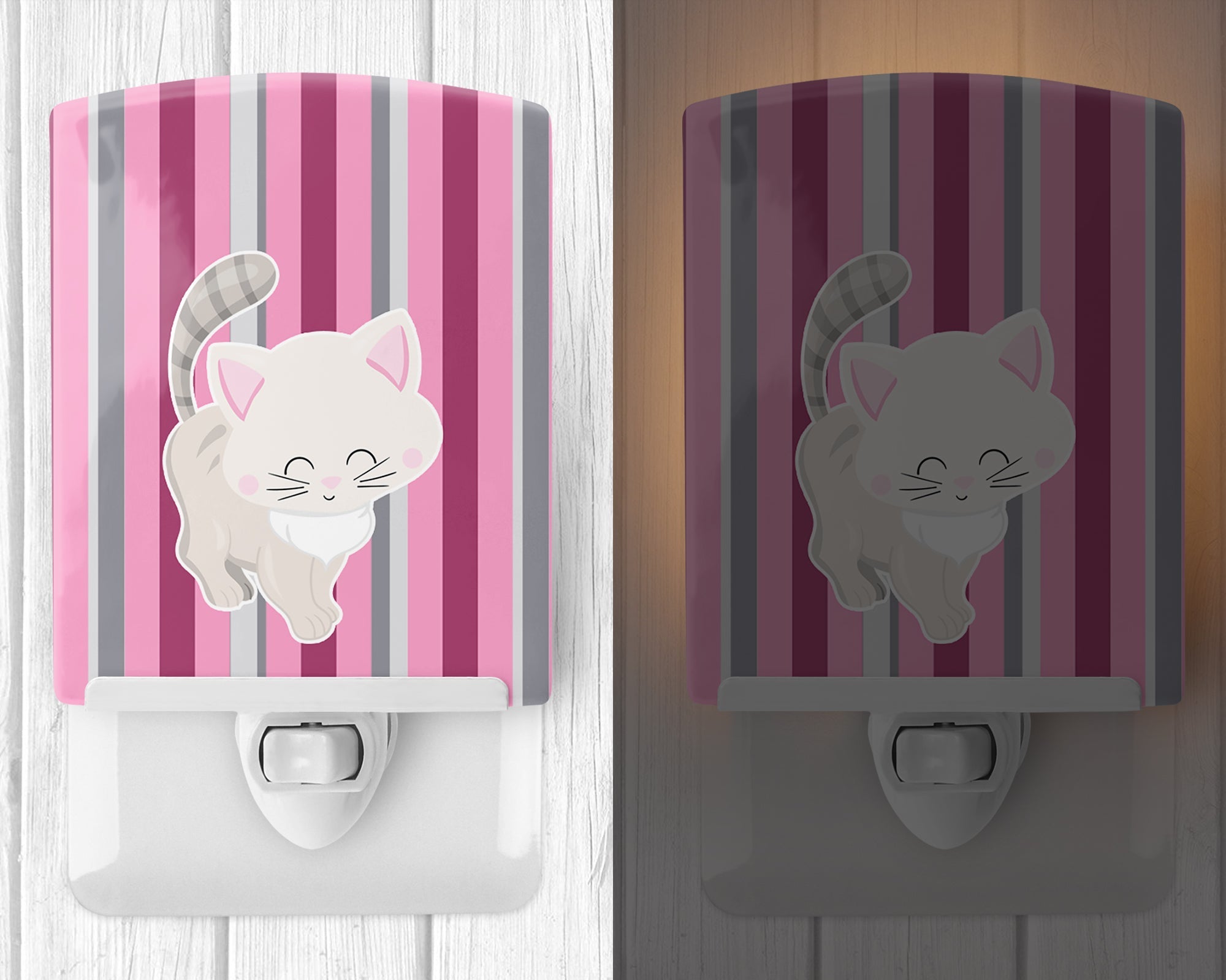 Kitten Cat Pink and Gray Ceramic Night Light Compact, UL-Certified, Ideal for Bedroom, Bathroom, Nursery, Hallway, Kitchen, 6x4x3, Multicolor