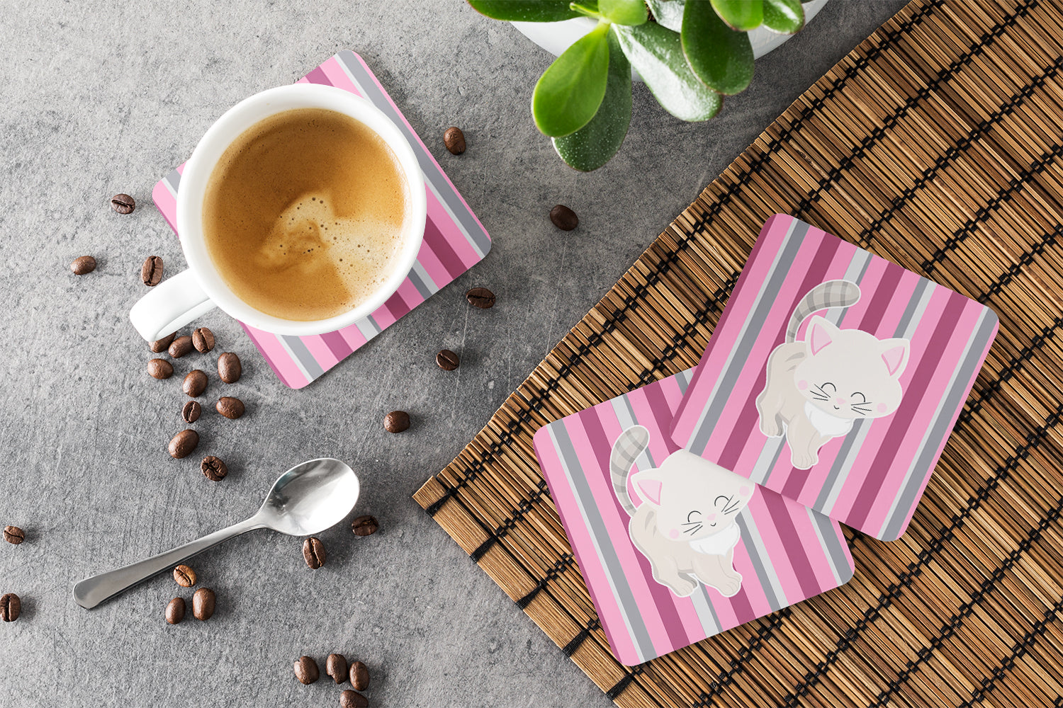 Kitten Cat Pink and Gray Foam Coasters Set of 4 Cup Coasters for Indoor Outdoor, Tabletop Protection, Anti Slip, Mouse pad Material