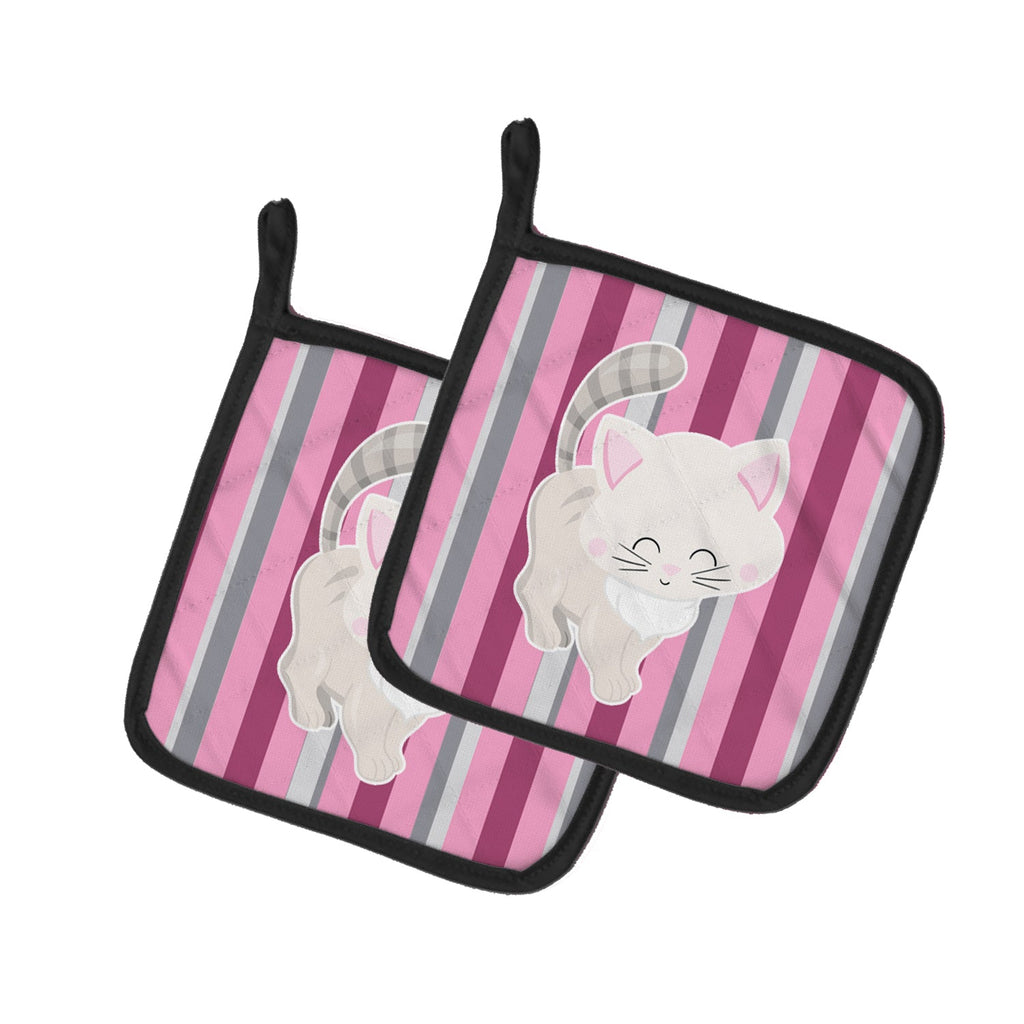 Kitten Cat Pink and Gray Pot Holder Set of 2 Heat Resistant Quilted Hot Pads 7.5 x 7.5 Inch, Insulated Kitchen Trivets for Cooking & Baking