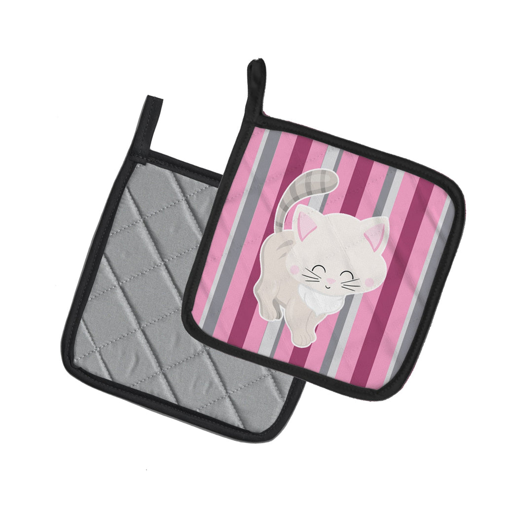 Kitten Cat Pink and Gray Pot Holder Set of 2 Heat Resistant Quilted Hot Pads 7.5 x 7.5 Inch, Insulated Kitchen Trivets for Cooking & Baking