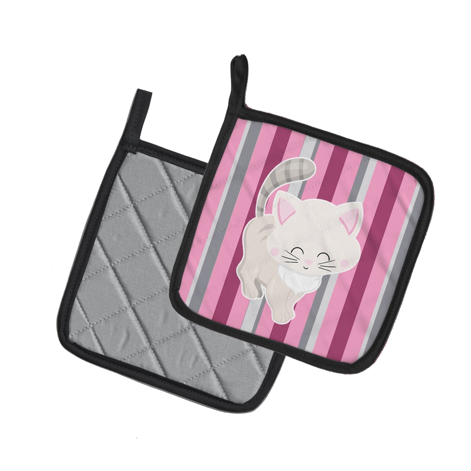 Kitten Cat Pink and Gray Pot Holder Set of 2 Heat Resistant Quilted Hot Pads 7.5 x 7.5 Inch, Insulated Kitchen Trivets for Cooking & Baking