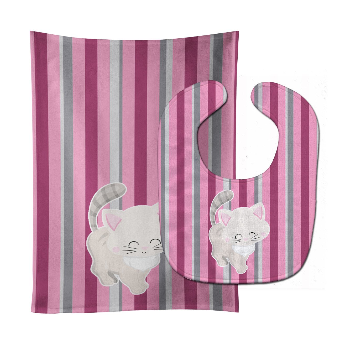 Kitten Cat Pink and Gray Baby Bib & Burp Cloth Easy-Clean Baby Bib Baby Feeding Accessory Baby Mealtime Essential