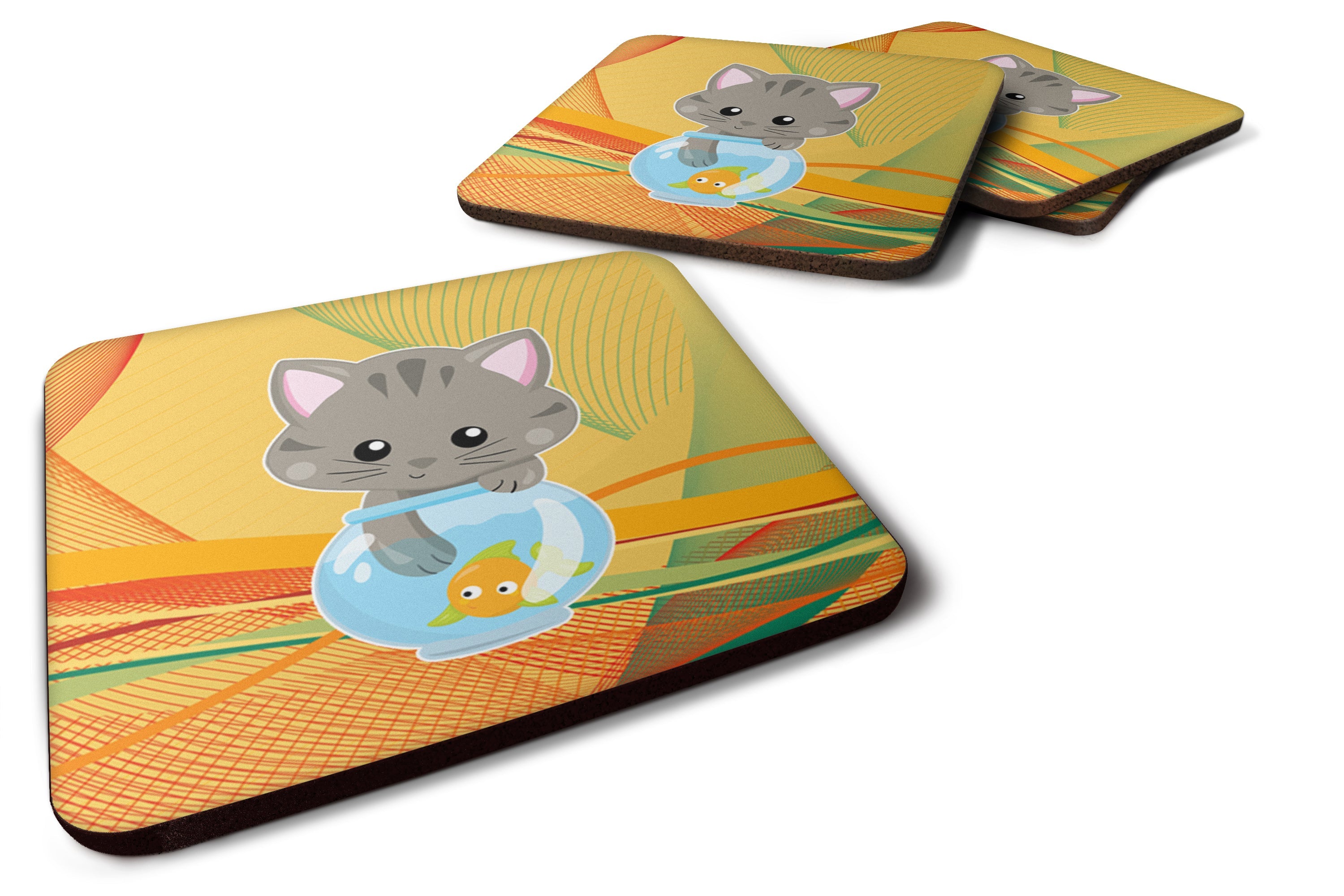 Kitten in the Fish Bowl Foam Coasters Set of 4 Cup Coasters for Indoor Outdoor, Tabletop Protection, Anti Slip, Mouse pad Material