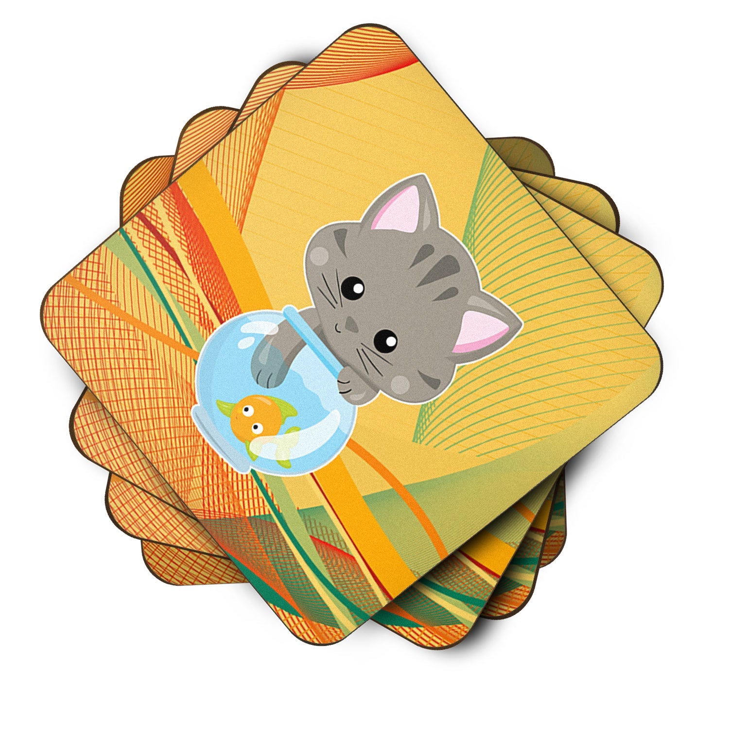 Kitten in the Fish Bowl Foam Coasters Set of 4 Cup Coasters for Indoor Outdoor, Tabletop Protection, Anti Slip, Mouse pad Material