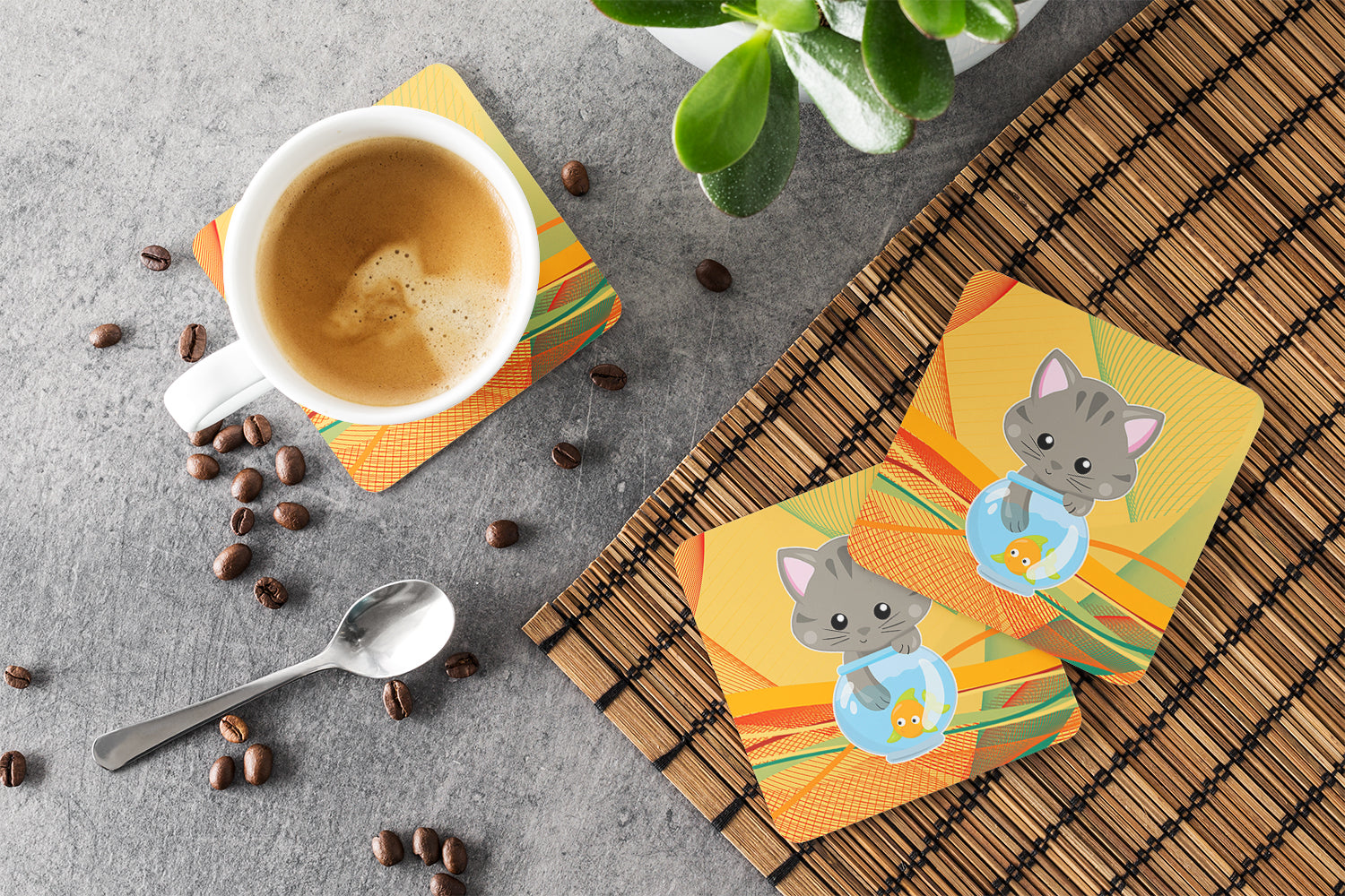 Kitten in the Fish Bowl Foam Coasters Set of 4 Cup Coasters for Indoor Outdoor, Tabletop Protection, Anti Slip, Mouse pad Material