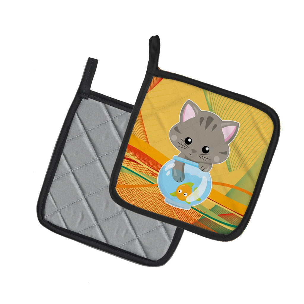 Kitten in the Fish Bowl Pot Holder Set of 2 Heat Resistant Quilted Hot Pads 7.5 x 7.5 Inch, Insulated Kitchen Trivets for Cooking & Baking
