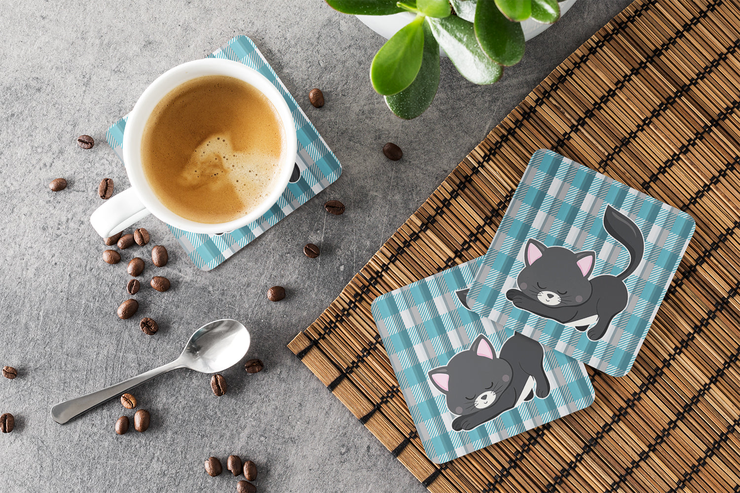 Little Black Cat Kitten Foam Coasters Set of 4 Cup Coasters for Indoor Outdoor, Tabletop Protection, Anti Slip, Mouse pad Material