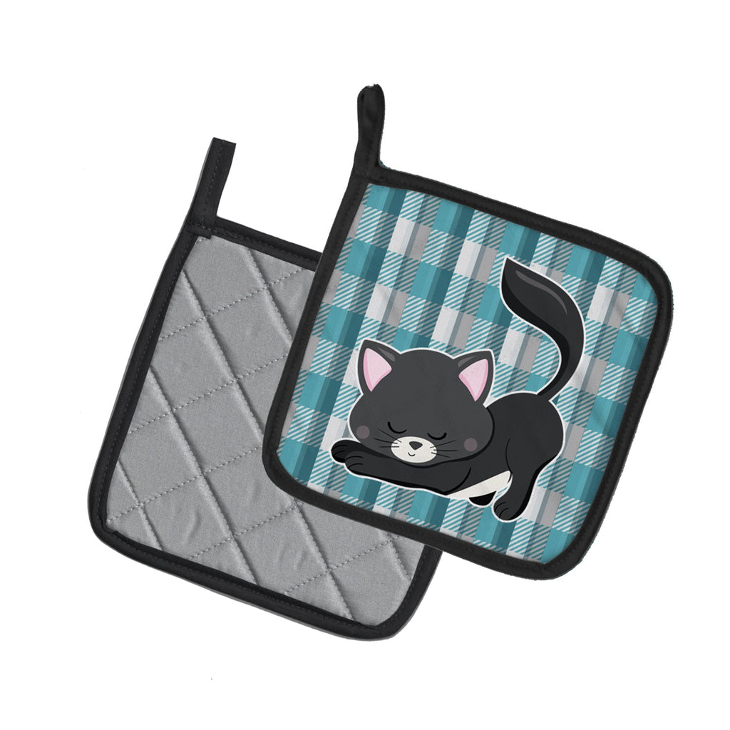 Little Black Cat Kitten Pot Holder Set of 2 Heat Resistant Quilted Hot Pads 7.5 x 7.5 Inch, Insulated Kitchen Trivets for Cooking & Baking