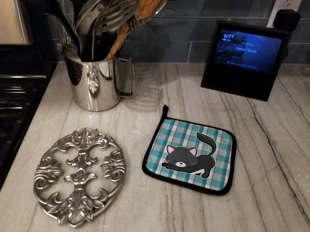 Little Black Cat Kitten Pot Holder Set of 2 Heat Resistant Quilted Hot Pads 7.5 x 7.5 Inch, Insulated Kitchen Trivets for Cooking & Baking