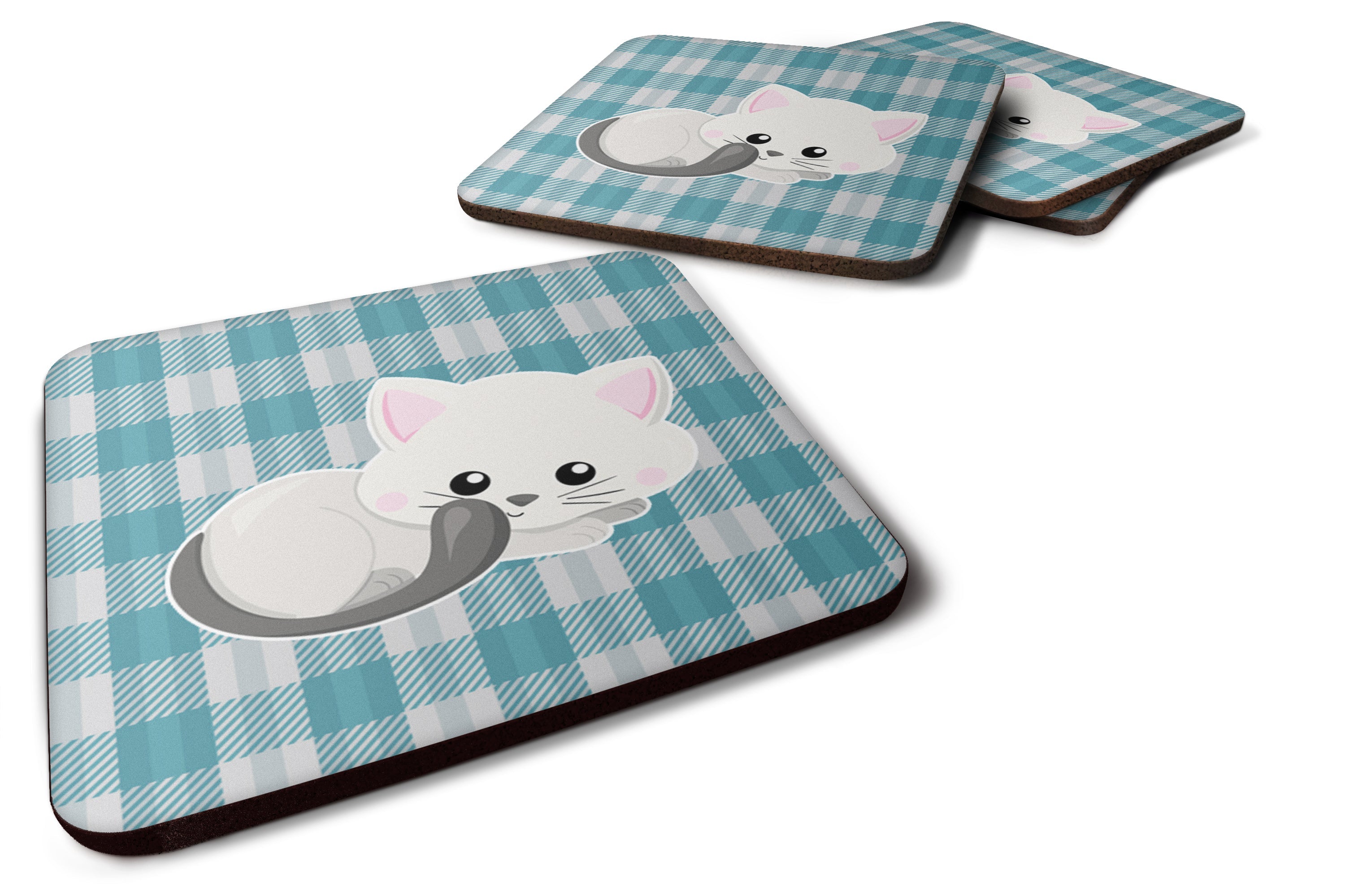 White Kitten Foam Coasters Set of 4 Cup Coasters for Indoor Outdoor, Tabletop Protection, Anti Slip, Mouse pad Material