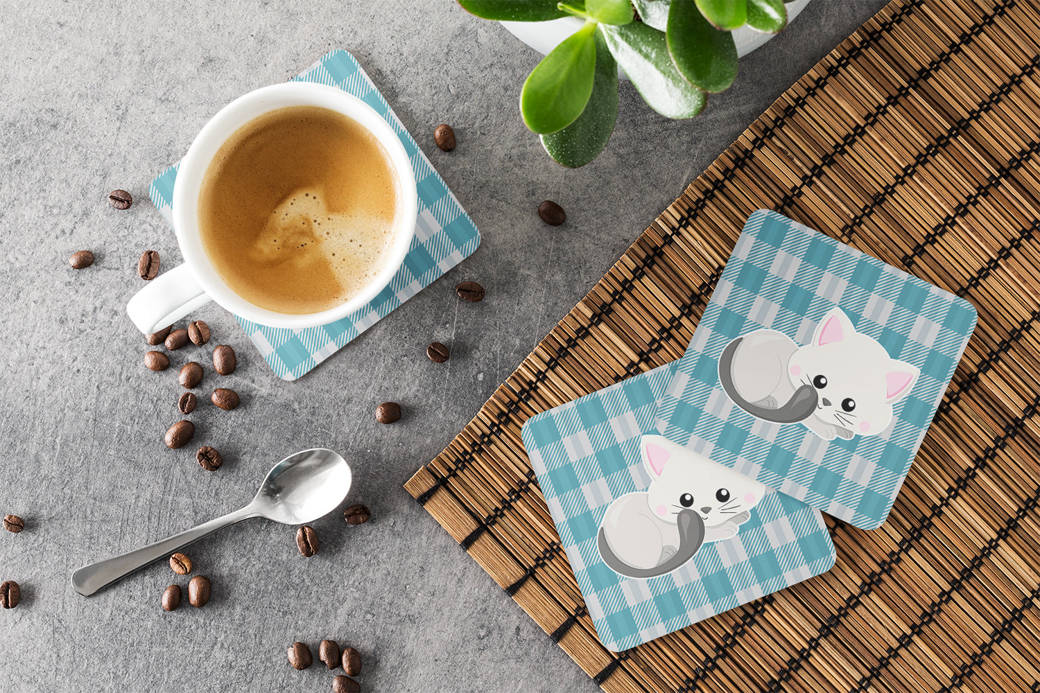 White Kitten Foam Coasters Set of 4 Cup Coasters for Indoor Outdoor, Tabletop Protection, Anti Slip, Mouse pad Material