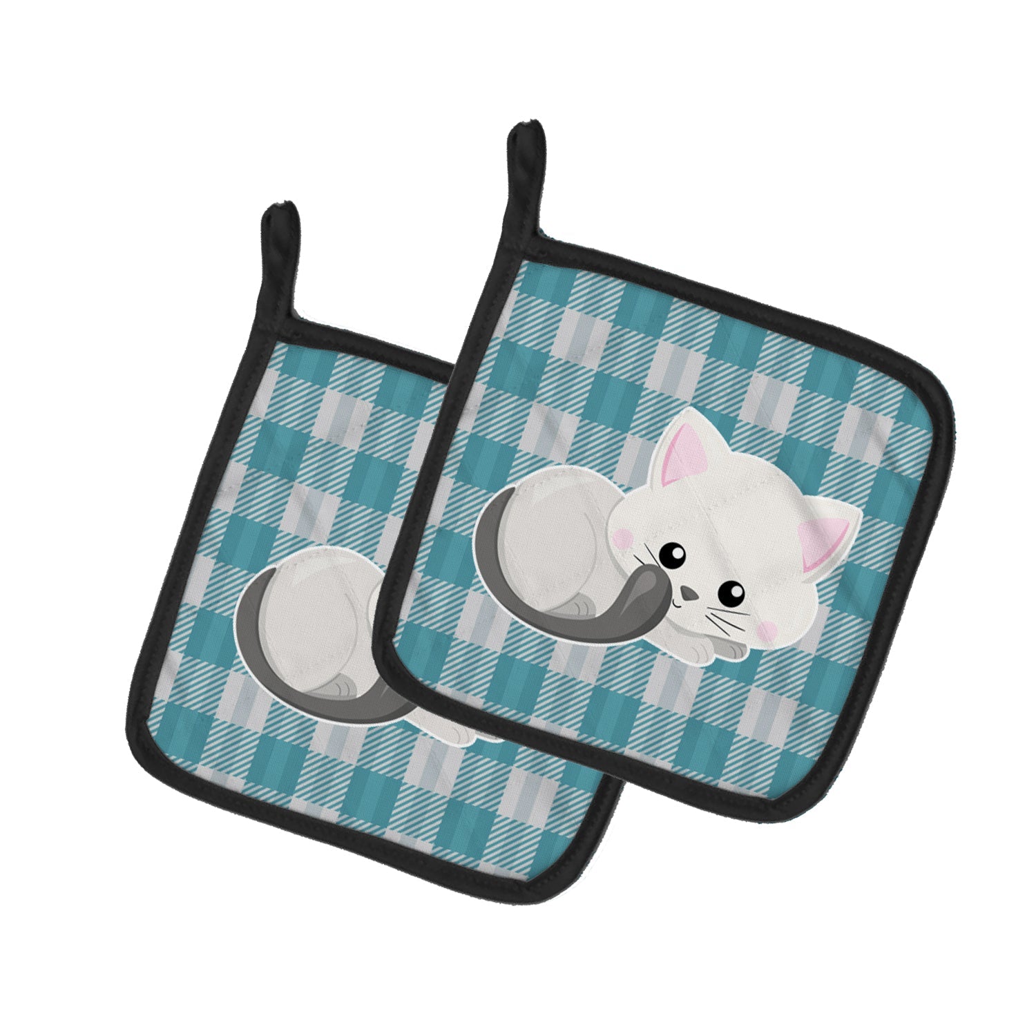 White Kitten Pot Holder Set of 2 Heat Resistant Quilted Hot Pads 7.5 x 7.5 Inch, Insulated Kitchen Trivets for Cooking & Baking